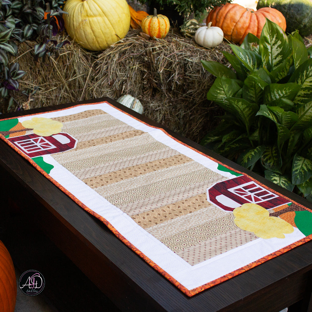 Red Barn Autumn Quilted Table Runner | Applique Table Runner