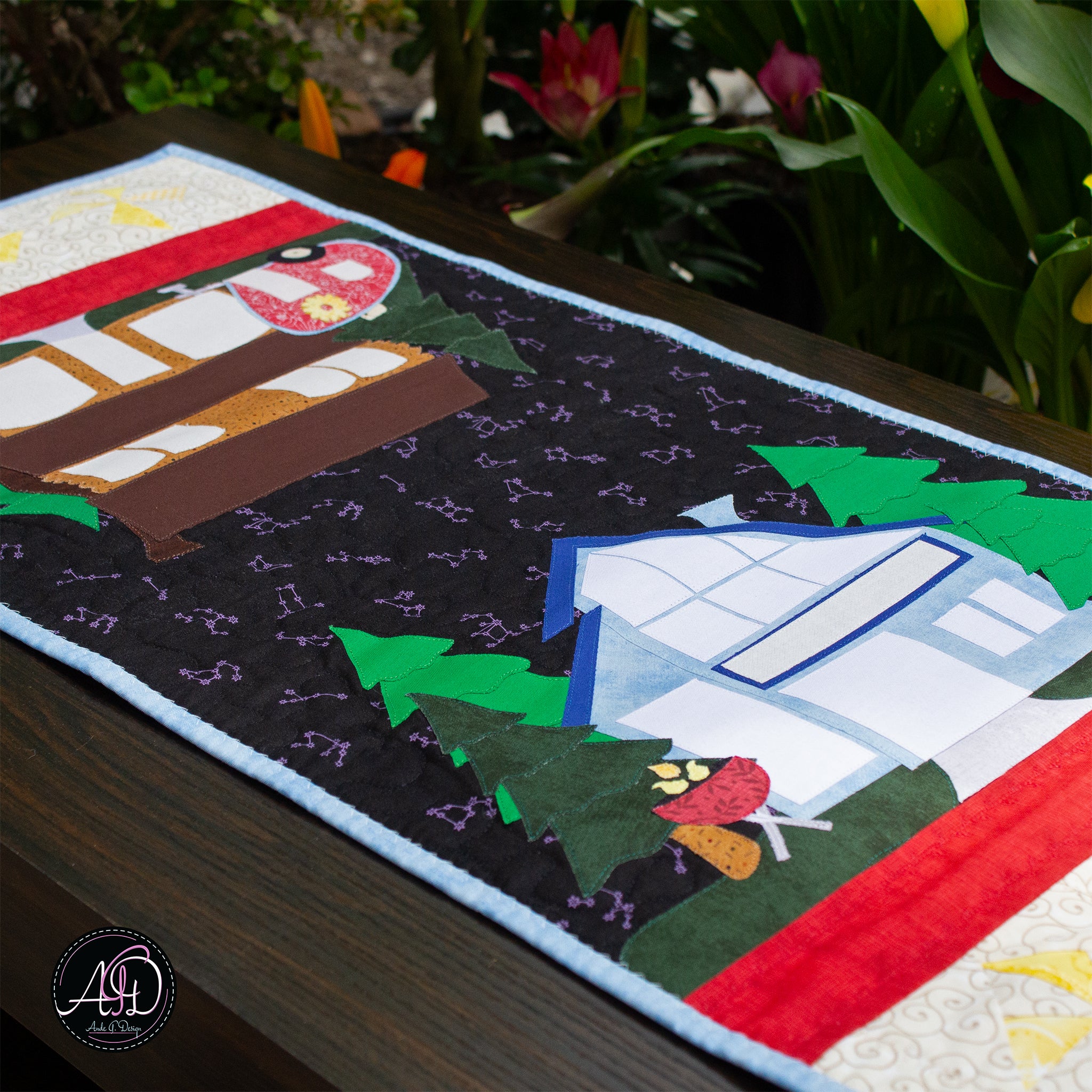 Campfire Pinwheels Quilted Table Runner | Applique Table Runner
