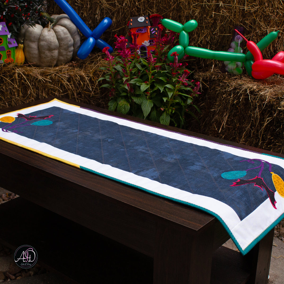 Bat Balloons Haunted Carnival Quilted Applique Table Runner | Halloween Home Decor