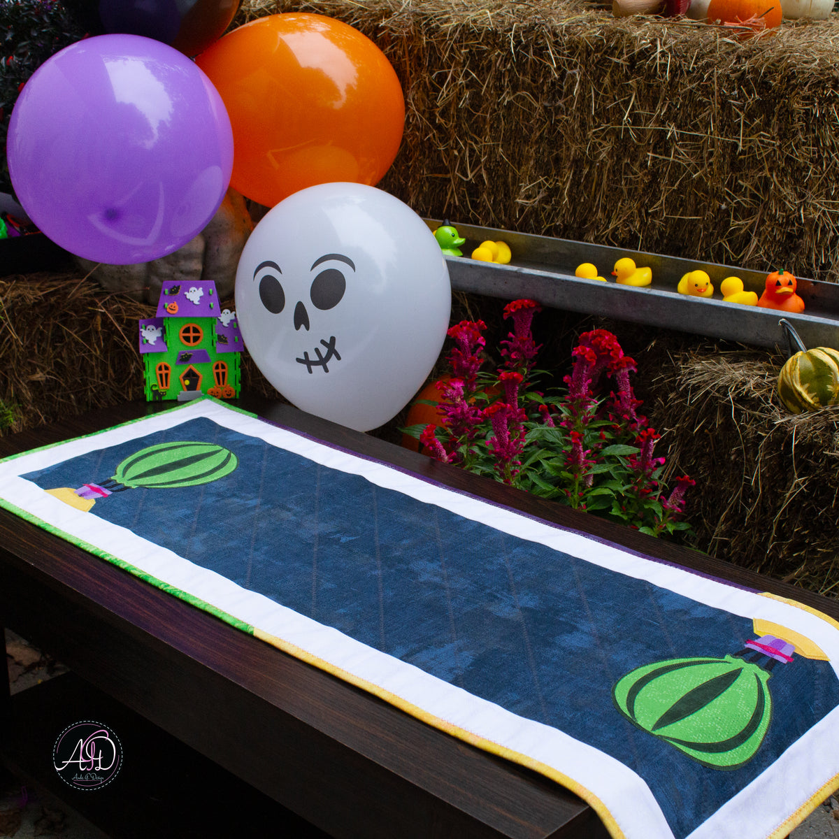 Hot Air Balloon Haunted Carnival Quilted Applique Table Runner | Halloween Home Decor