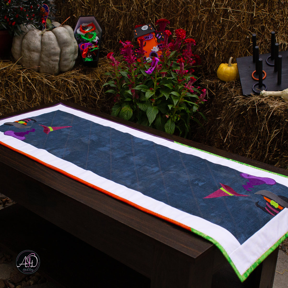 Witch Hat Haunted Carnival Quilted Applique Table Runner | Halloween Home Decor