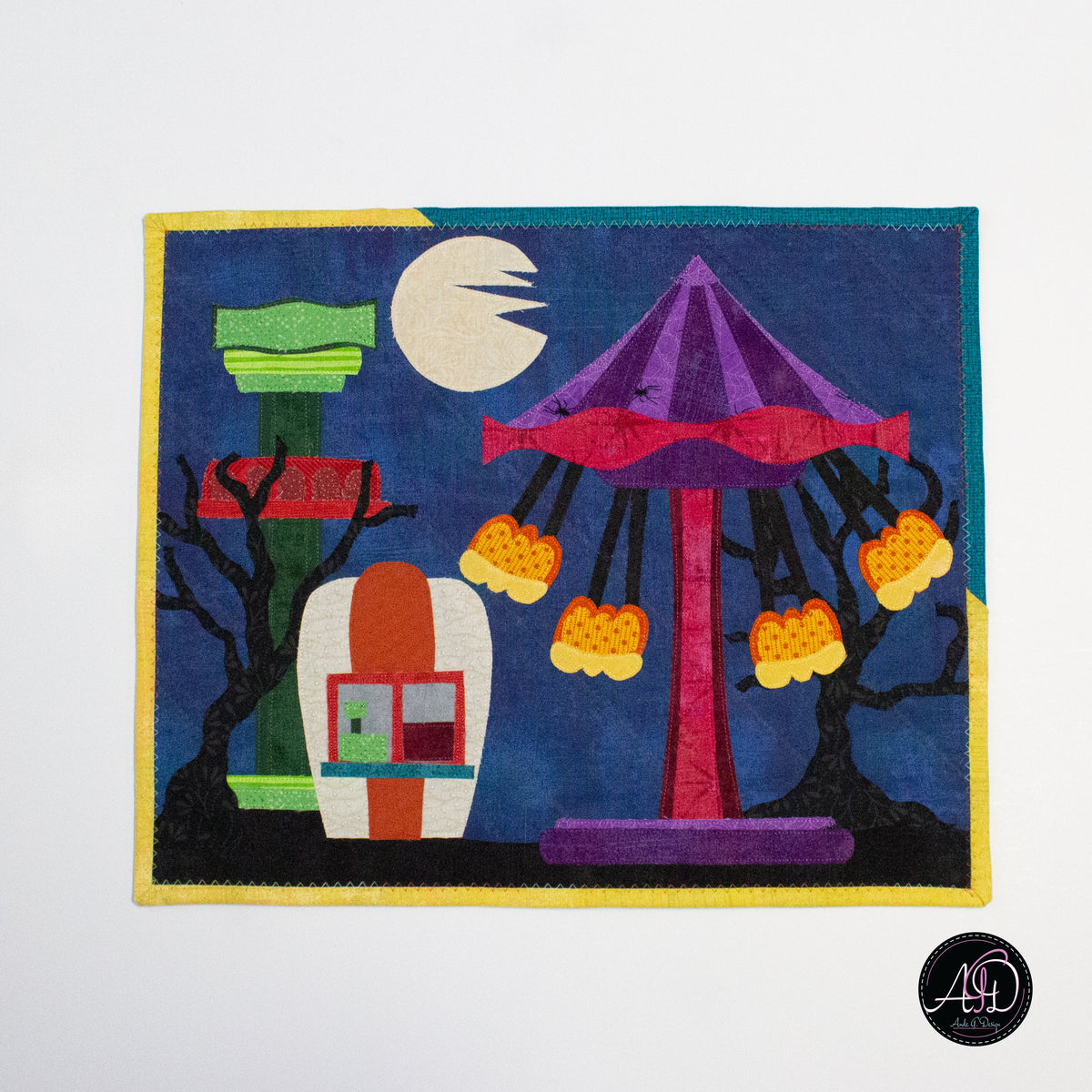 Pumpkin Swings Haunted Carnival Quilted Applique Wall Hanging | Halloween Home Decor