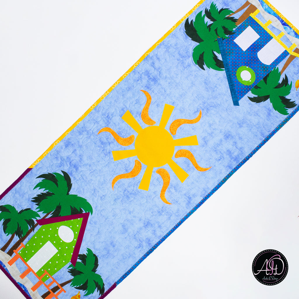 Blue & Green Beach Hut Quilted Table Runner | Applique Table Runner