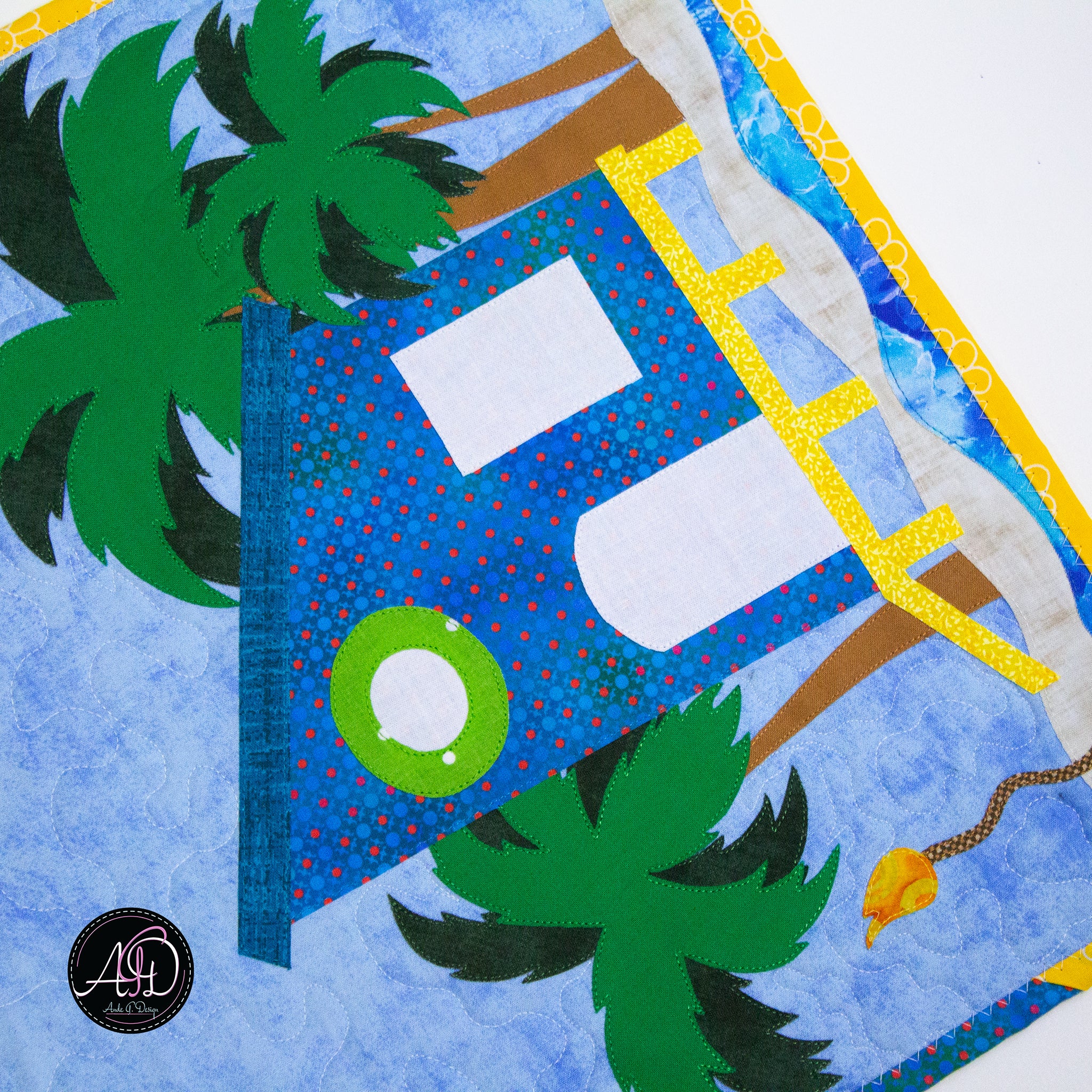 Blue & Green Beach Hut Quilted Table Runner | Applique Table Runner