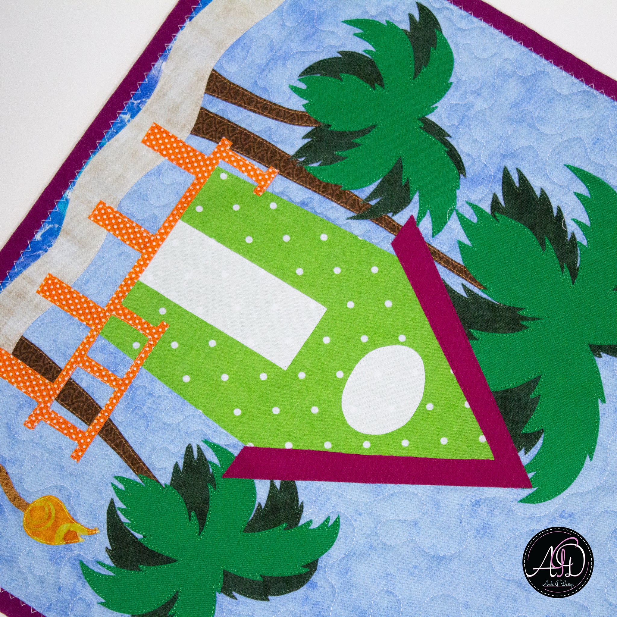 Blue & Green Beach Hut Quilted Table Runner | Applique Table Runner