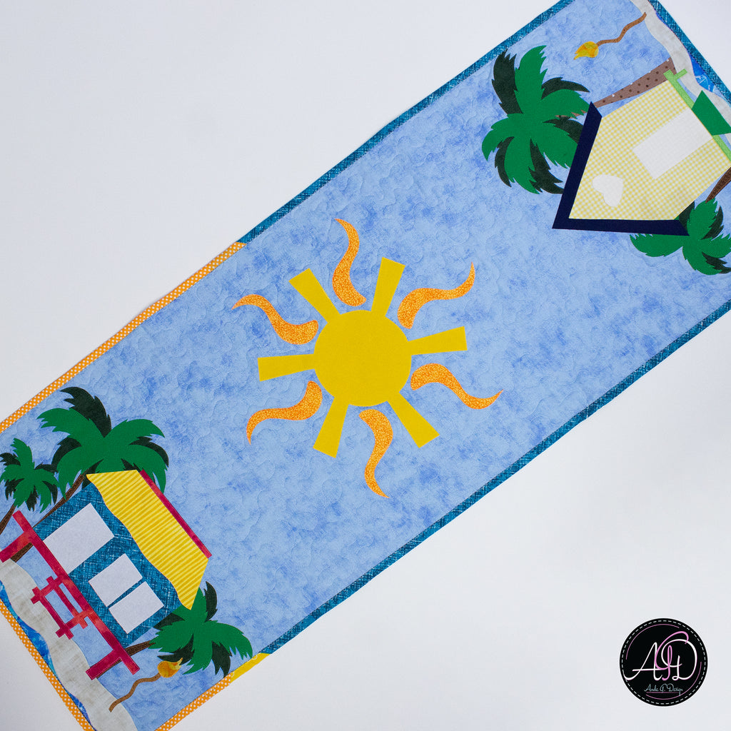 Yellow & Turquoise Beach Hut Quilted Table Runner | Applique Table Runner
