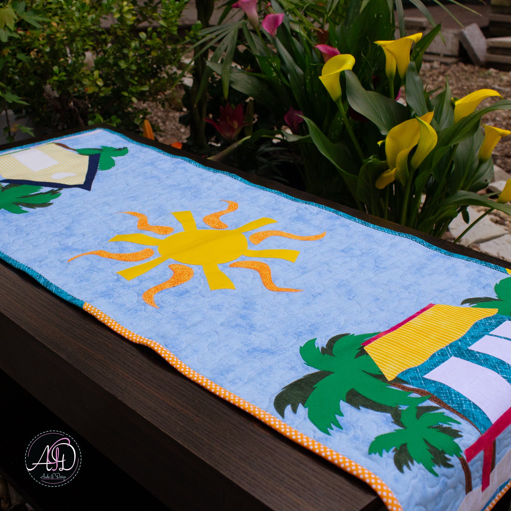 Yellow & Turquoise Beach Hut Quilted Table Runner | Applique Table Runner