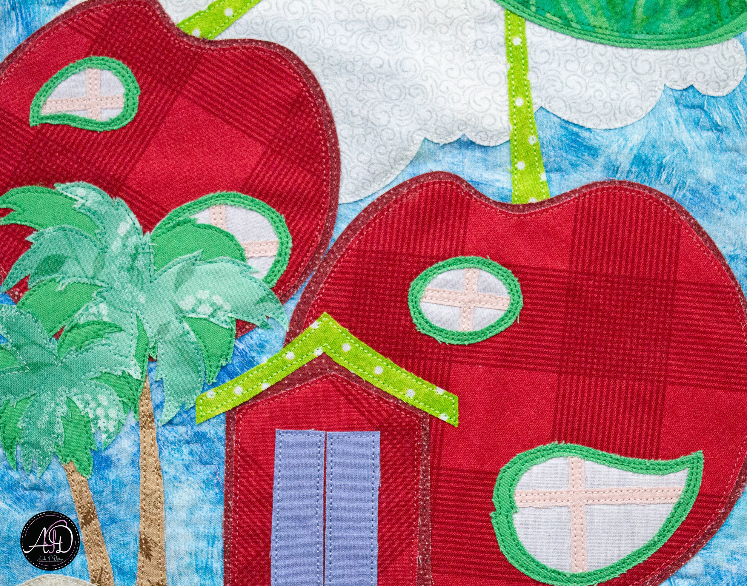Quilted Applique Beach Cherry House Wall Hanging