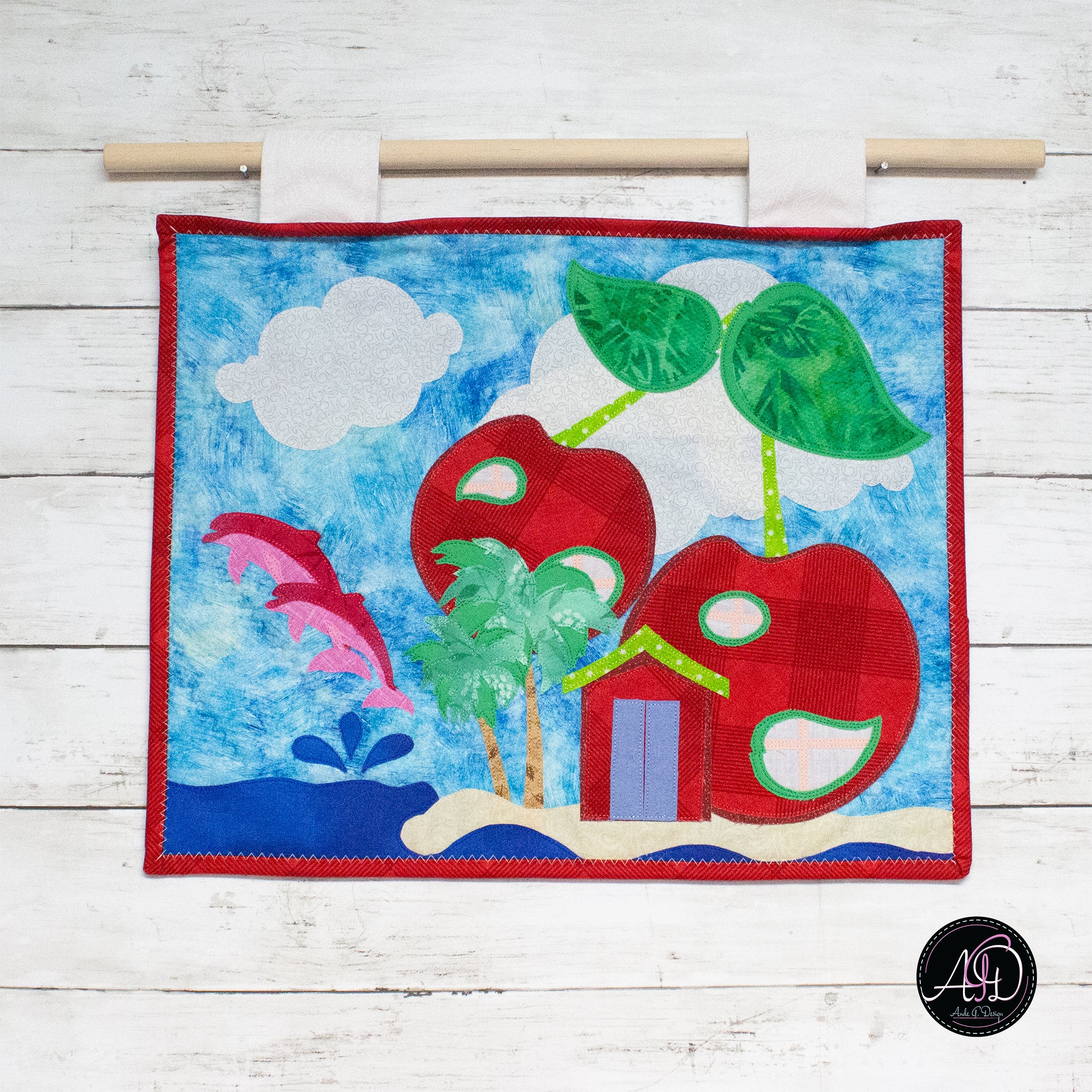 Quilted Applique Beach Cherry House Wall Hanging