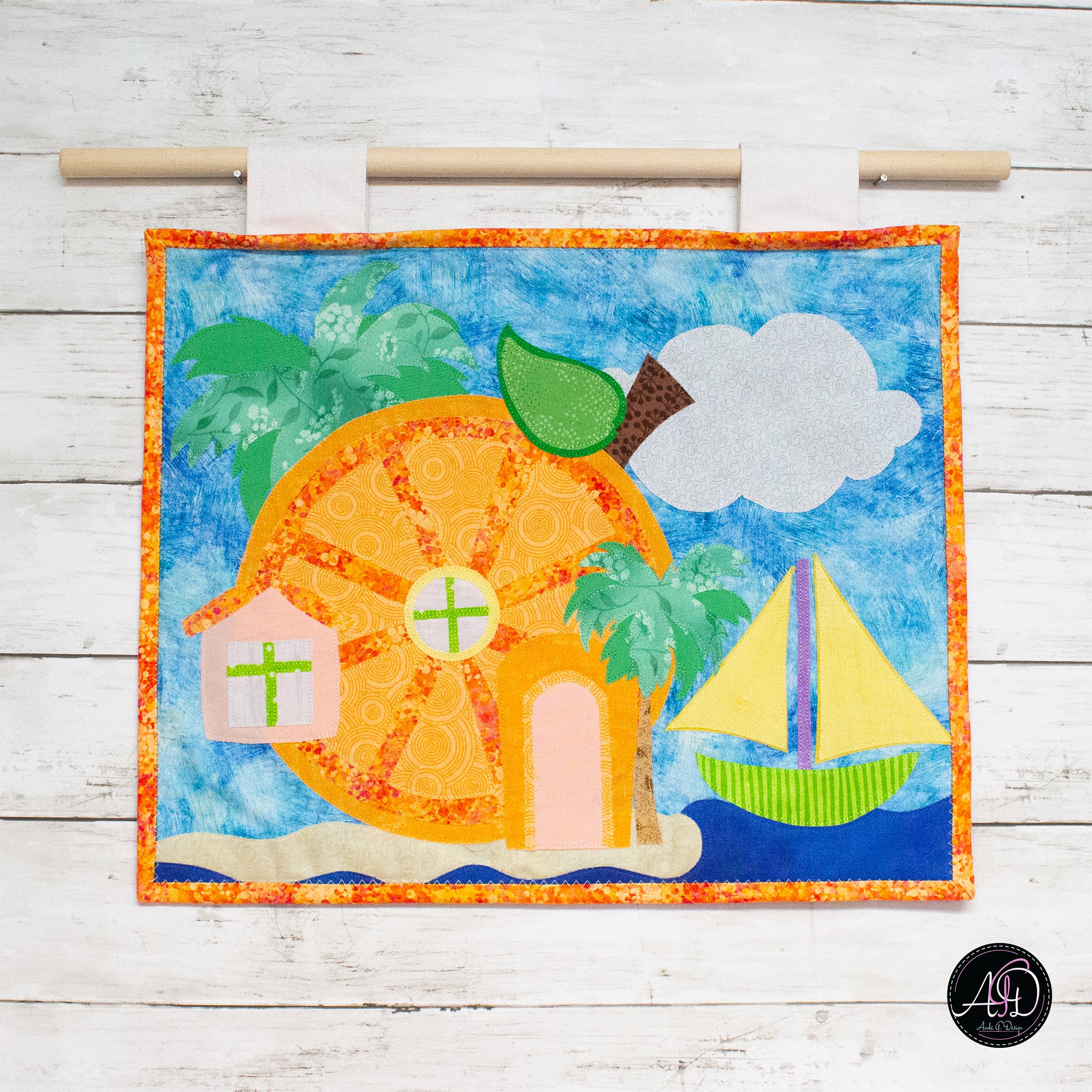 Quilted Applique Beach Orange Citrus House Wall Hanging