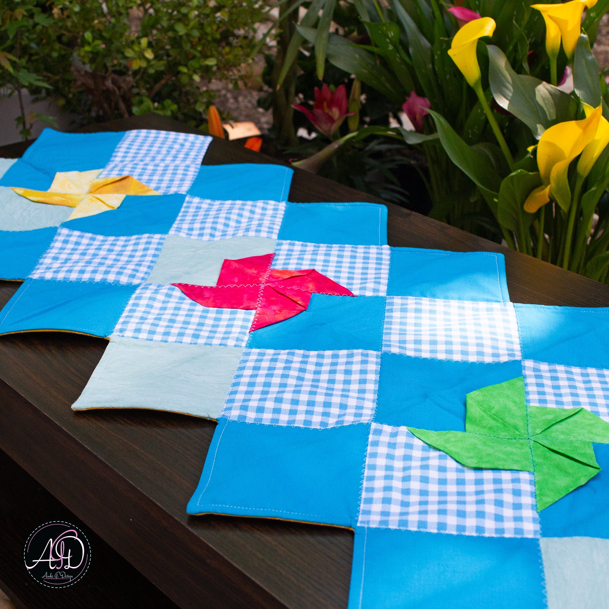 Spring Quilted Table Runner Blue Pinwheel