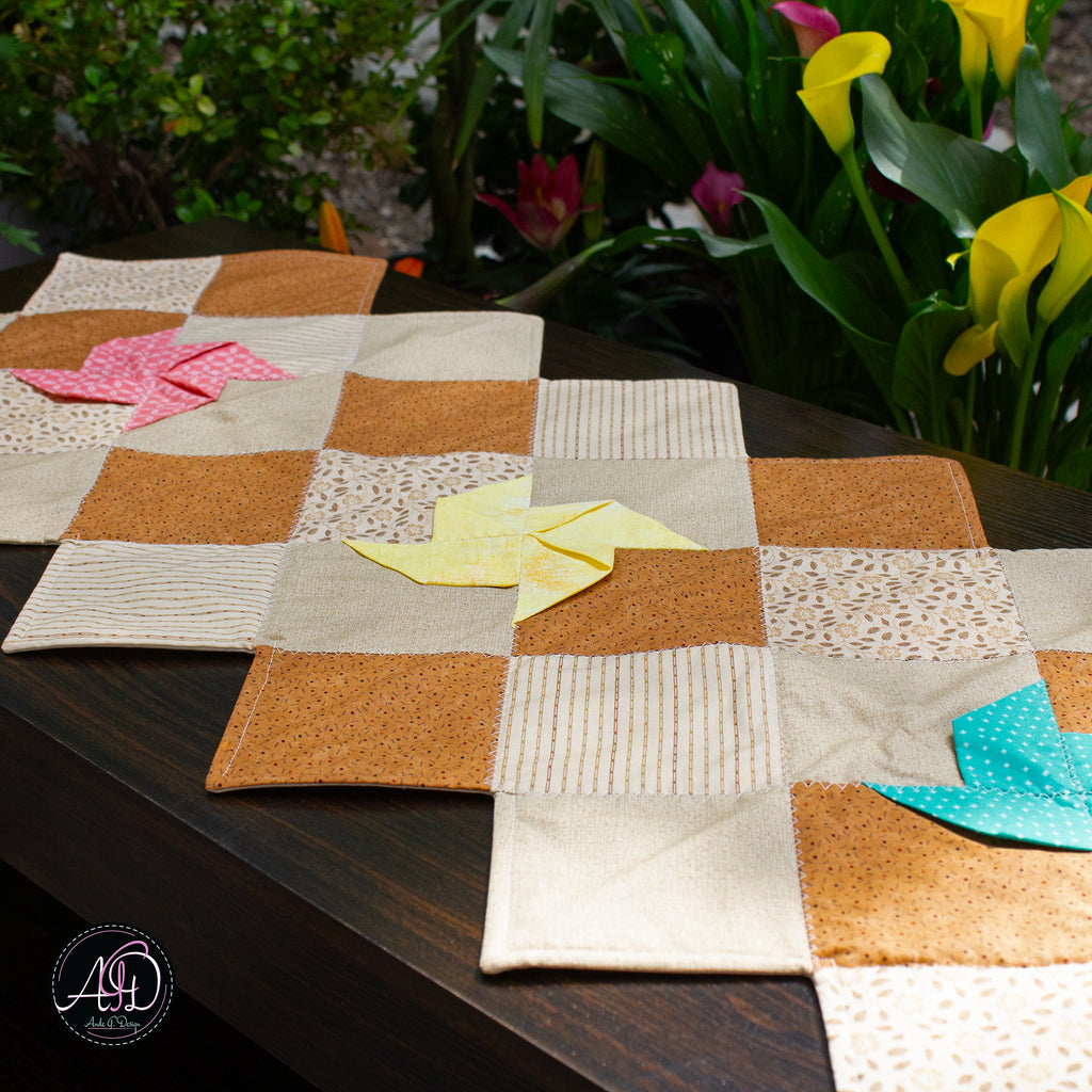 Spring Quilted Table Runner Brown Pinwheel