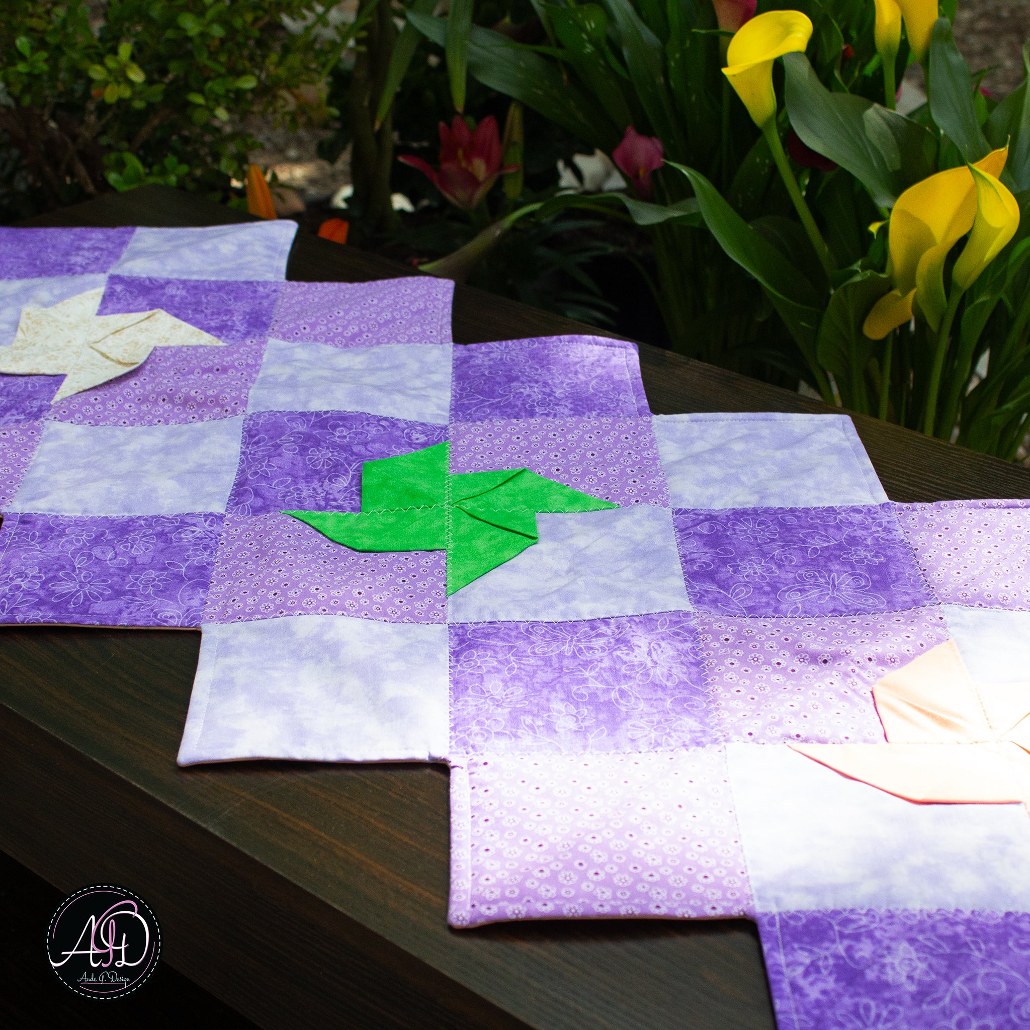 Spring Quilted Table Runner Purple Pinwheel