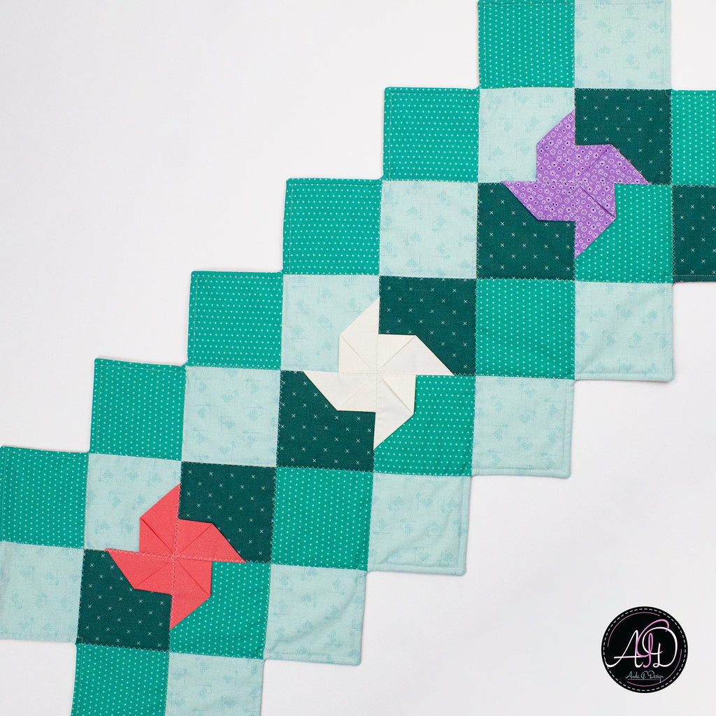 Spring Quilted Table Runner Teal Pinwheel