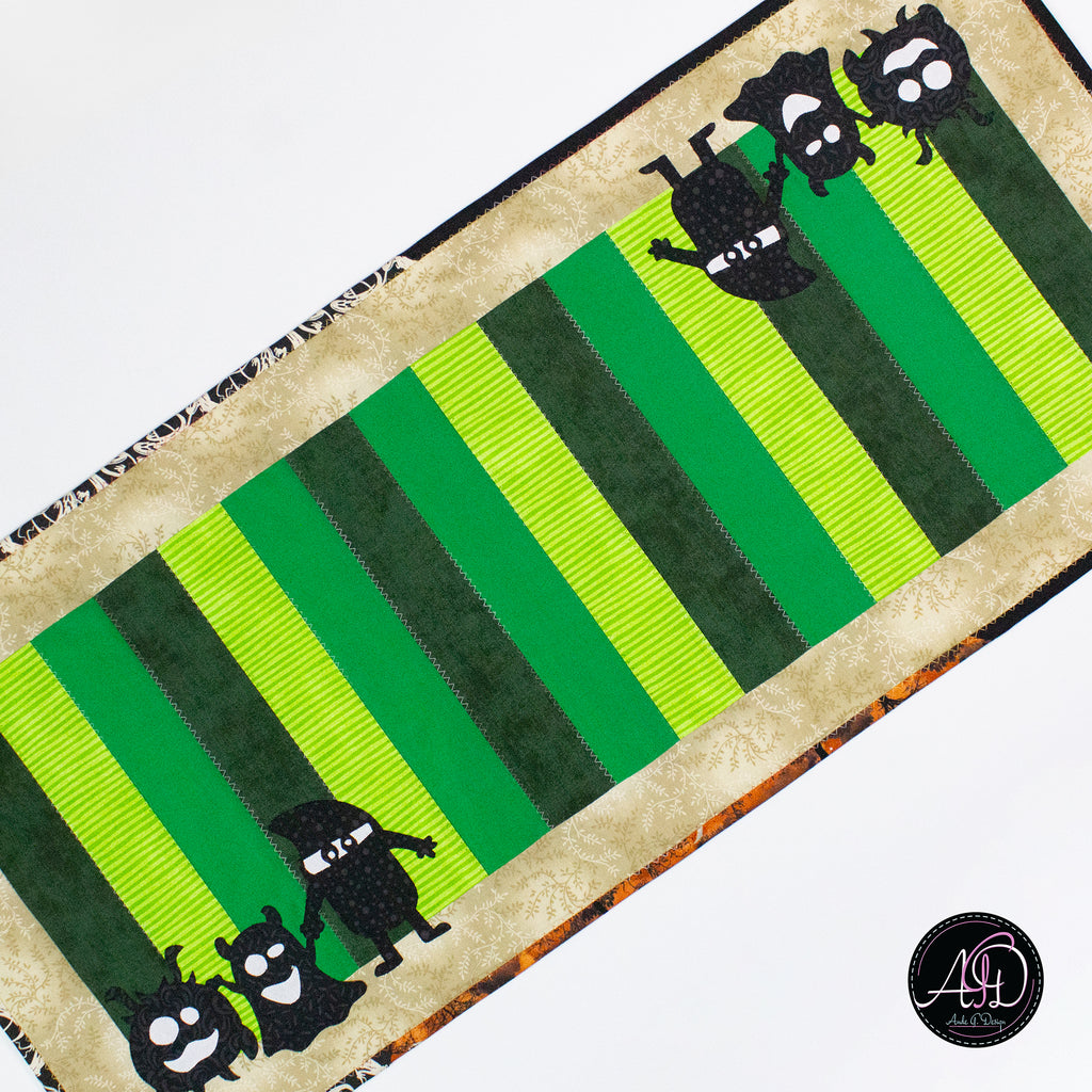 Green Sambly Monsters Quilted Halloween Table Runner | Applique Table Runner