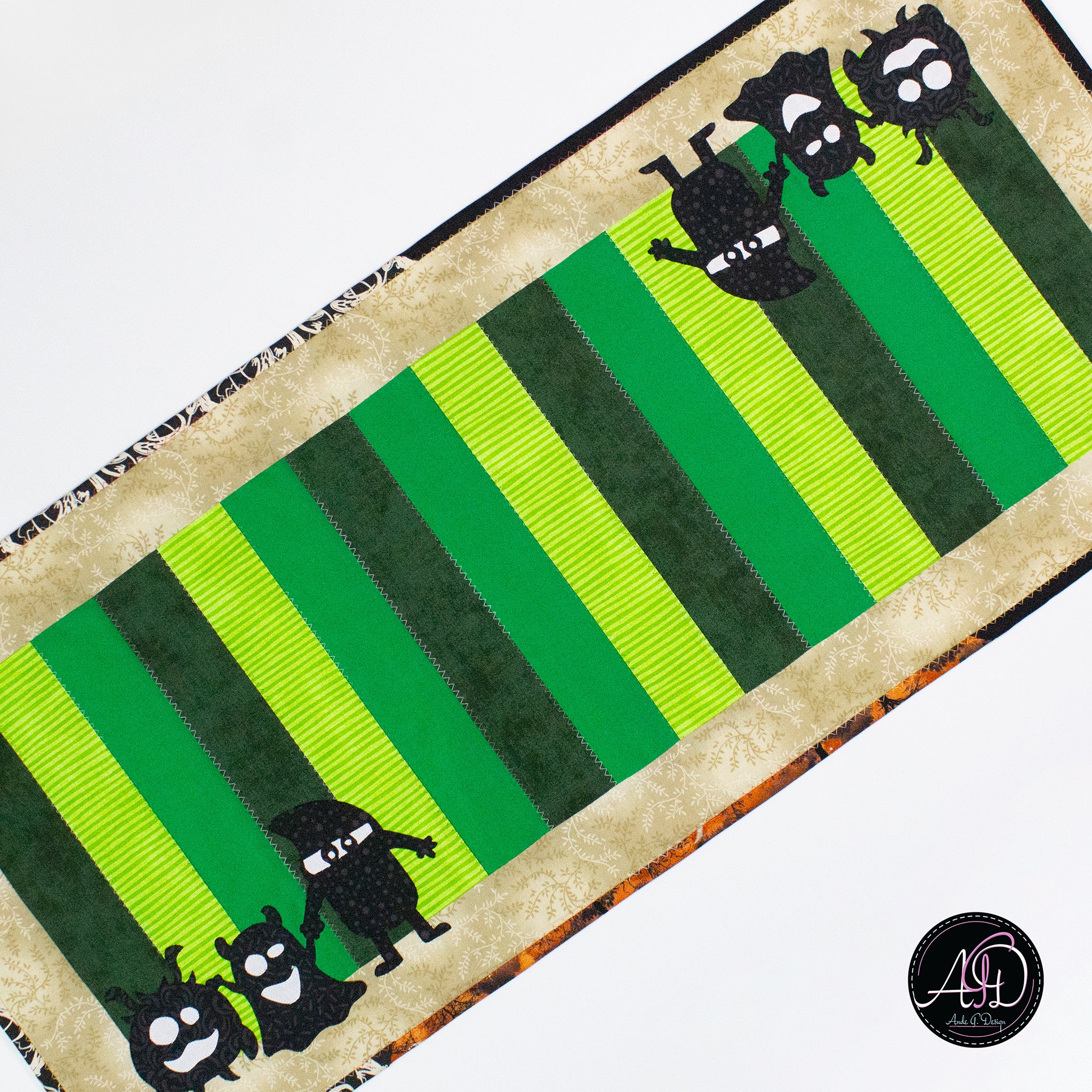Green Sambly Monsters Quilted Halloween Table Runner | Applique Table Runner