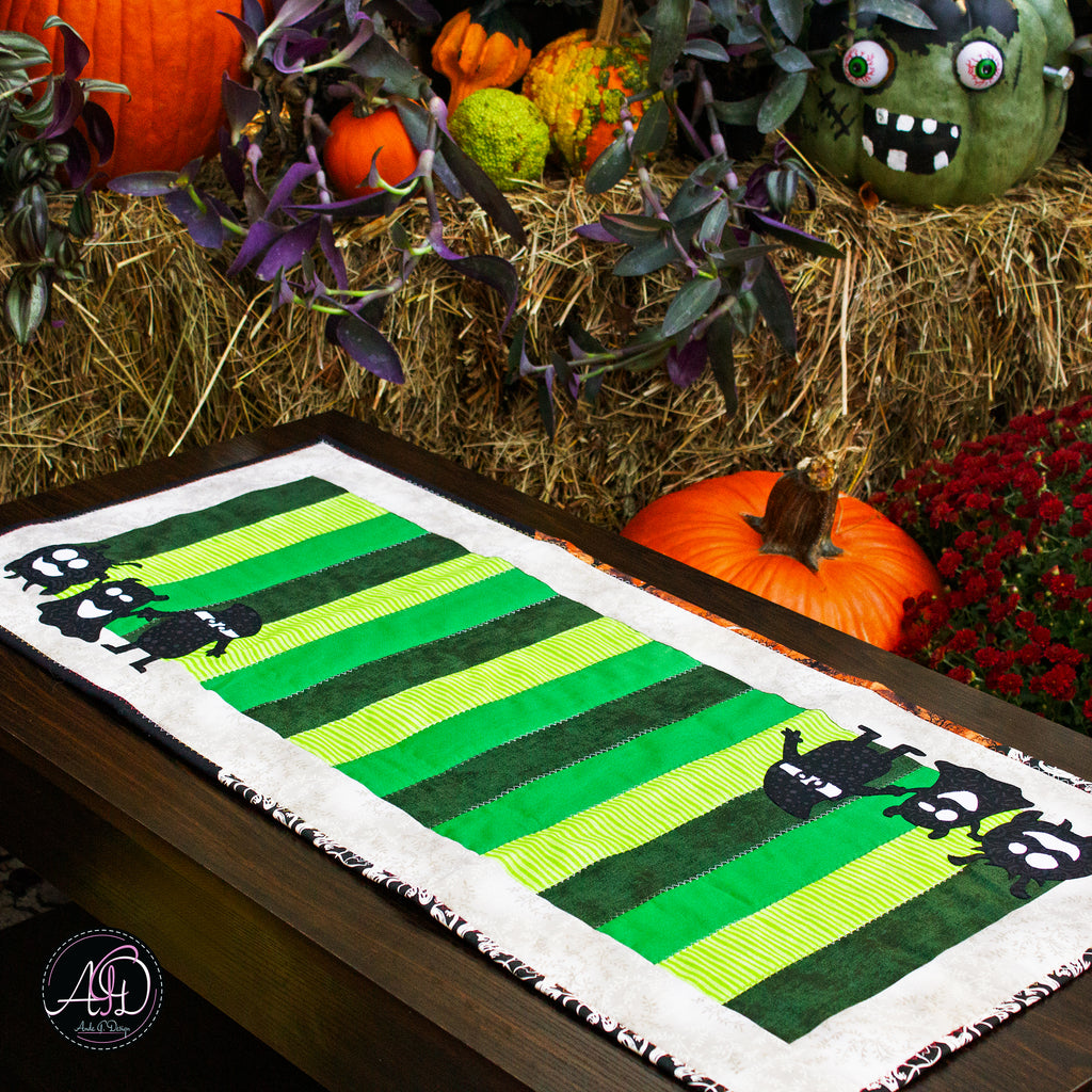 Green Sambly Monsters Quilted Halloween Table Runner | Applique Table Runner