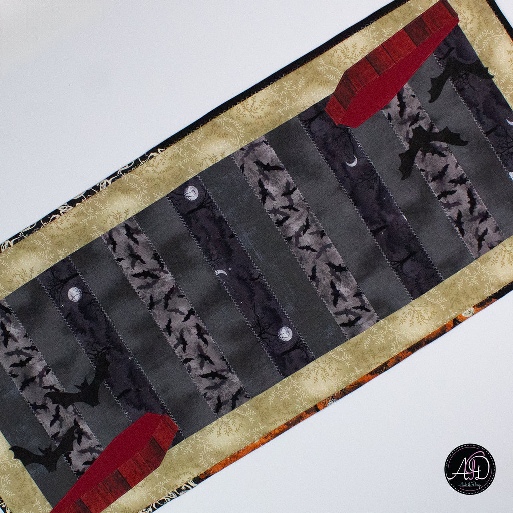 Gray Coffin Halloween Quilted Table Runner | Applique Table Runner