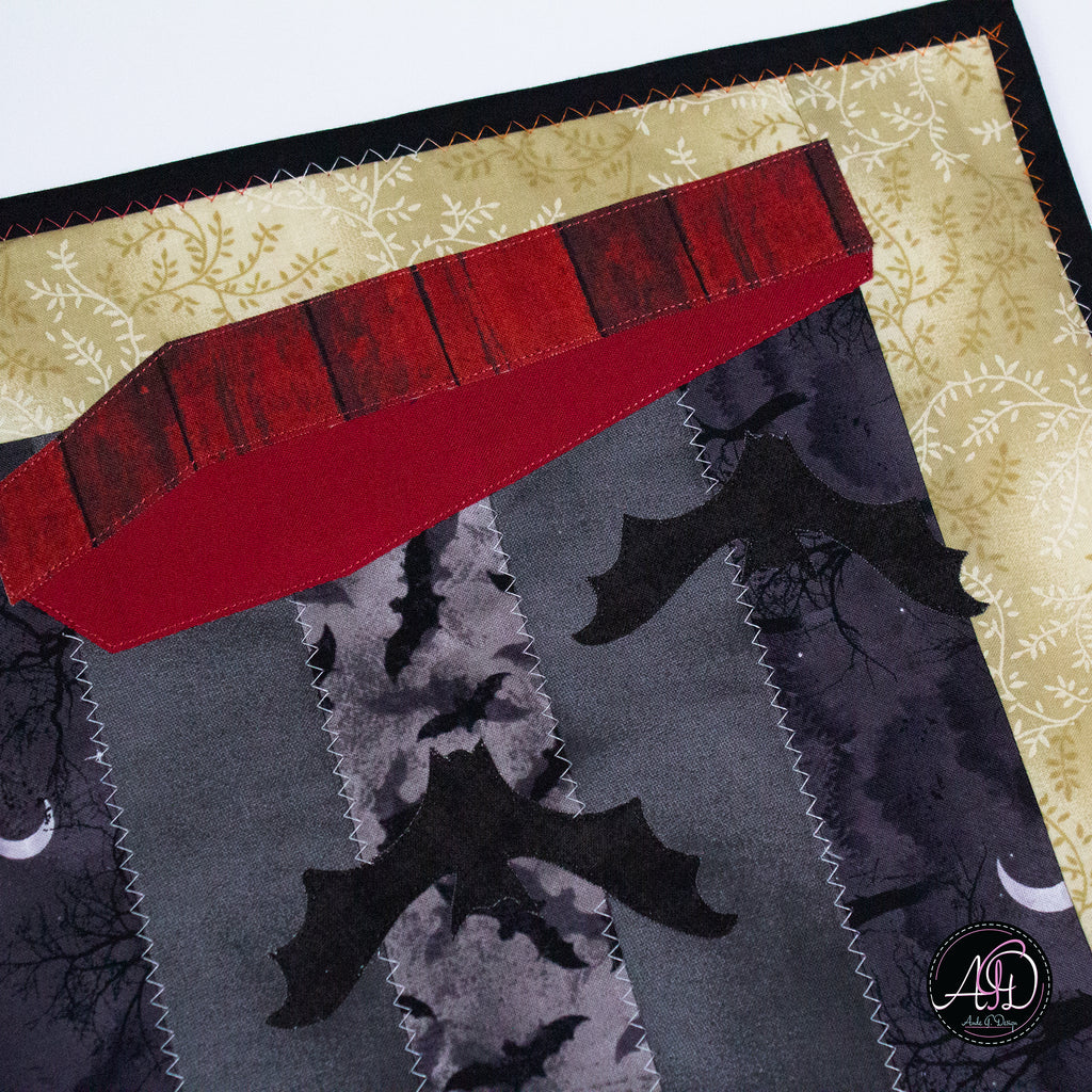 Gray Coffin Halloween Quilted Table Runner | Applique Table Runner