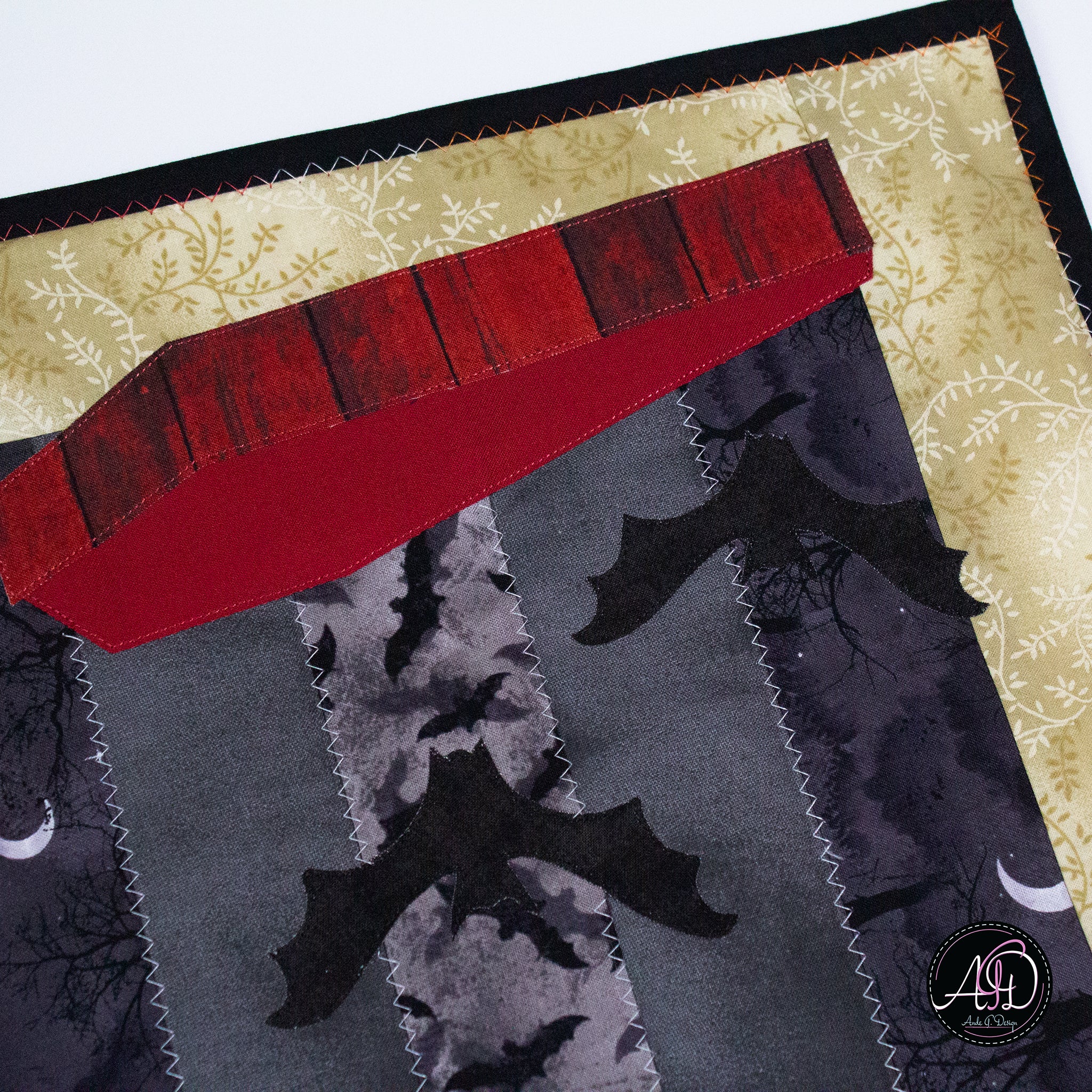 Gray Coffin Halloween Quilted Table Runner | Applique Table Runner