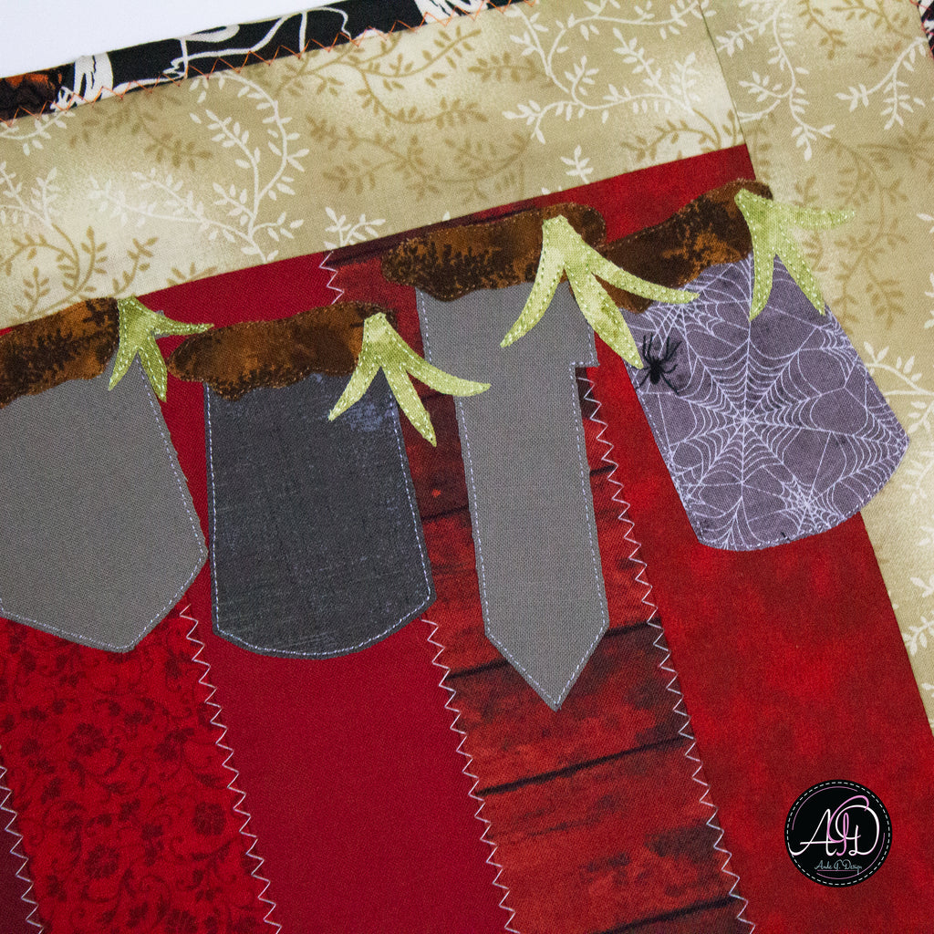 Red Grembles Graveyard Quilted Halloween Table Runner | Applique Table Runner