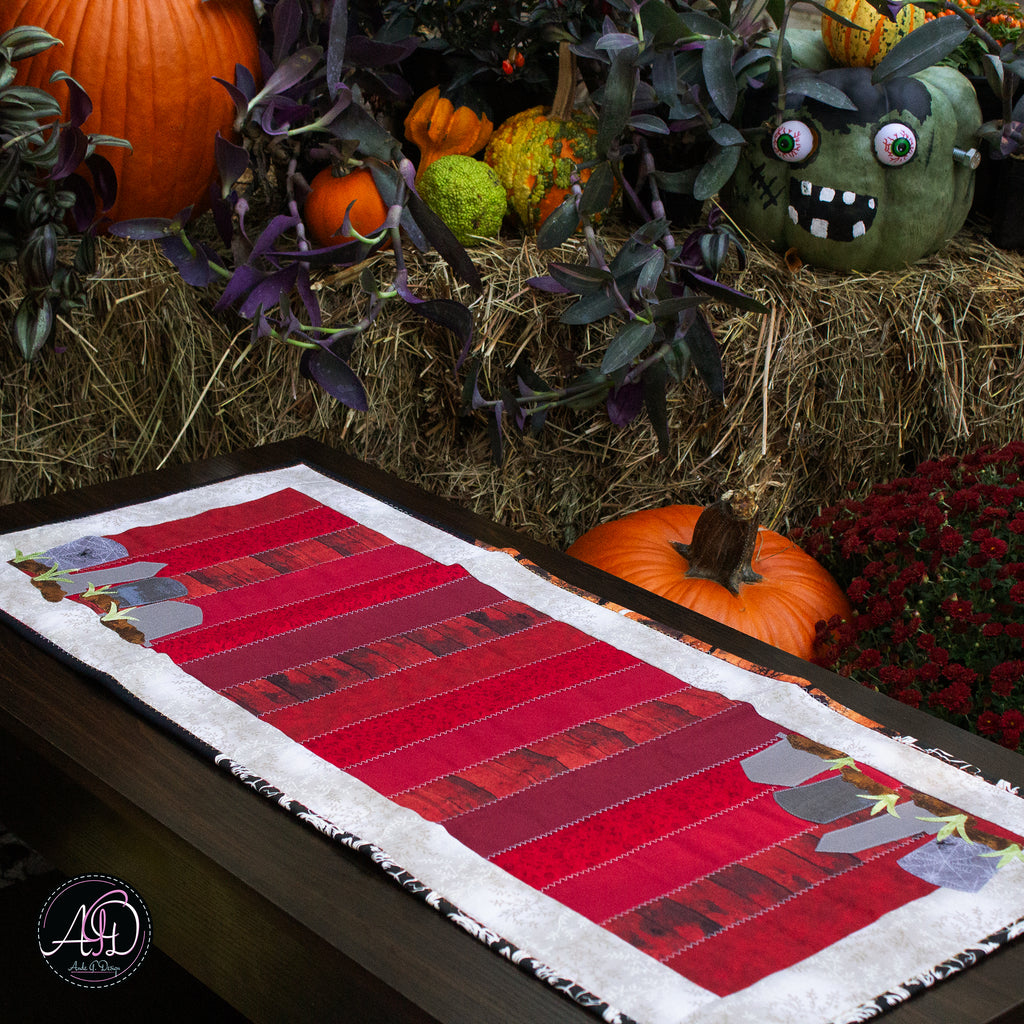 Red Grembles Graveyard Quilted Halloween Table Runner | Applique Table Runner
