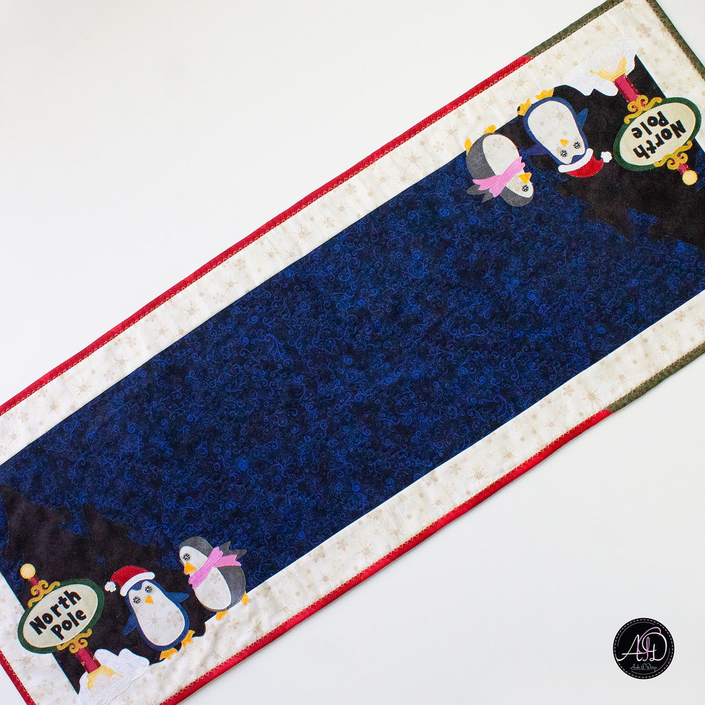North Pole Penguin Christmas Applique Quilted Table Runner | Christmas Table Decor