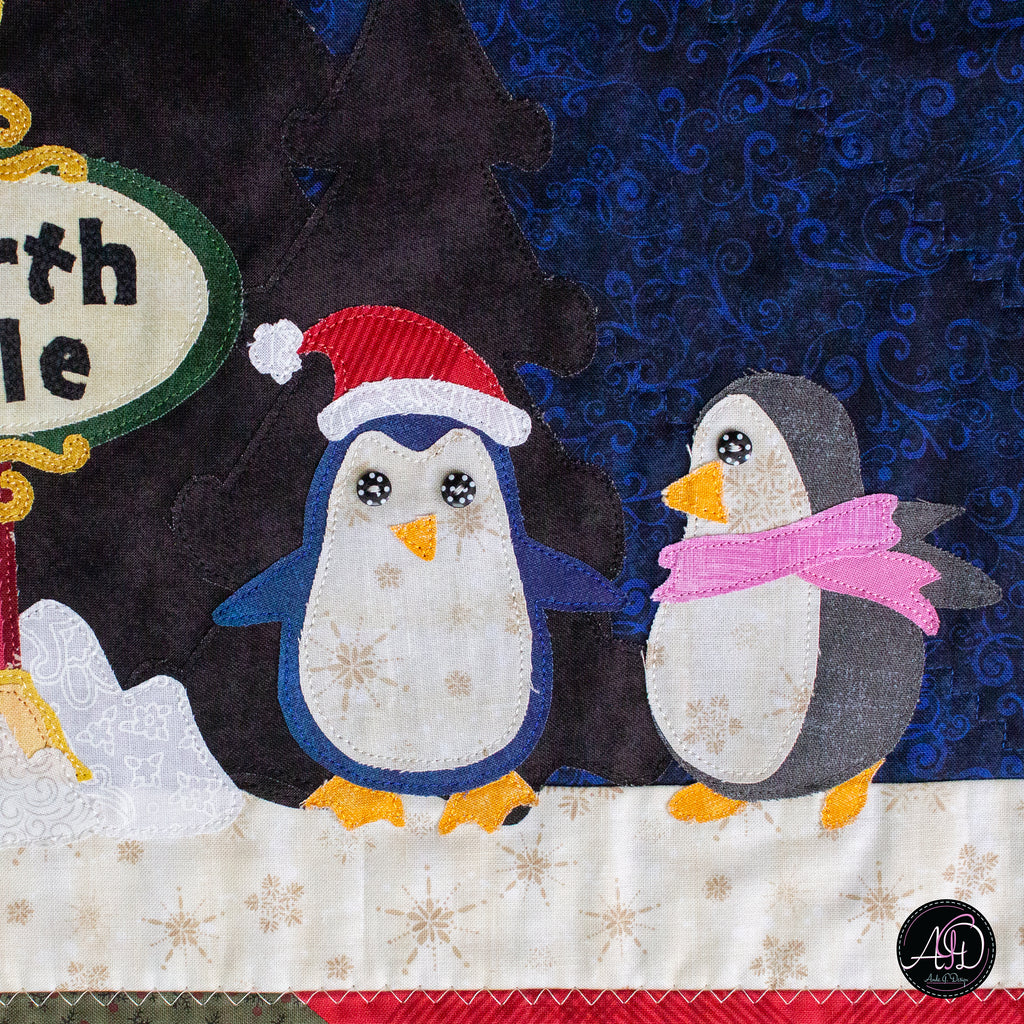 North Pole Penguin Christmas Applique Quilted Table Runner | Christmas Table Decor