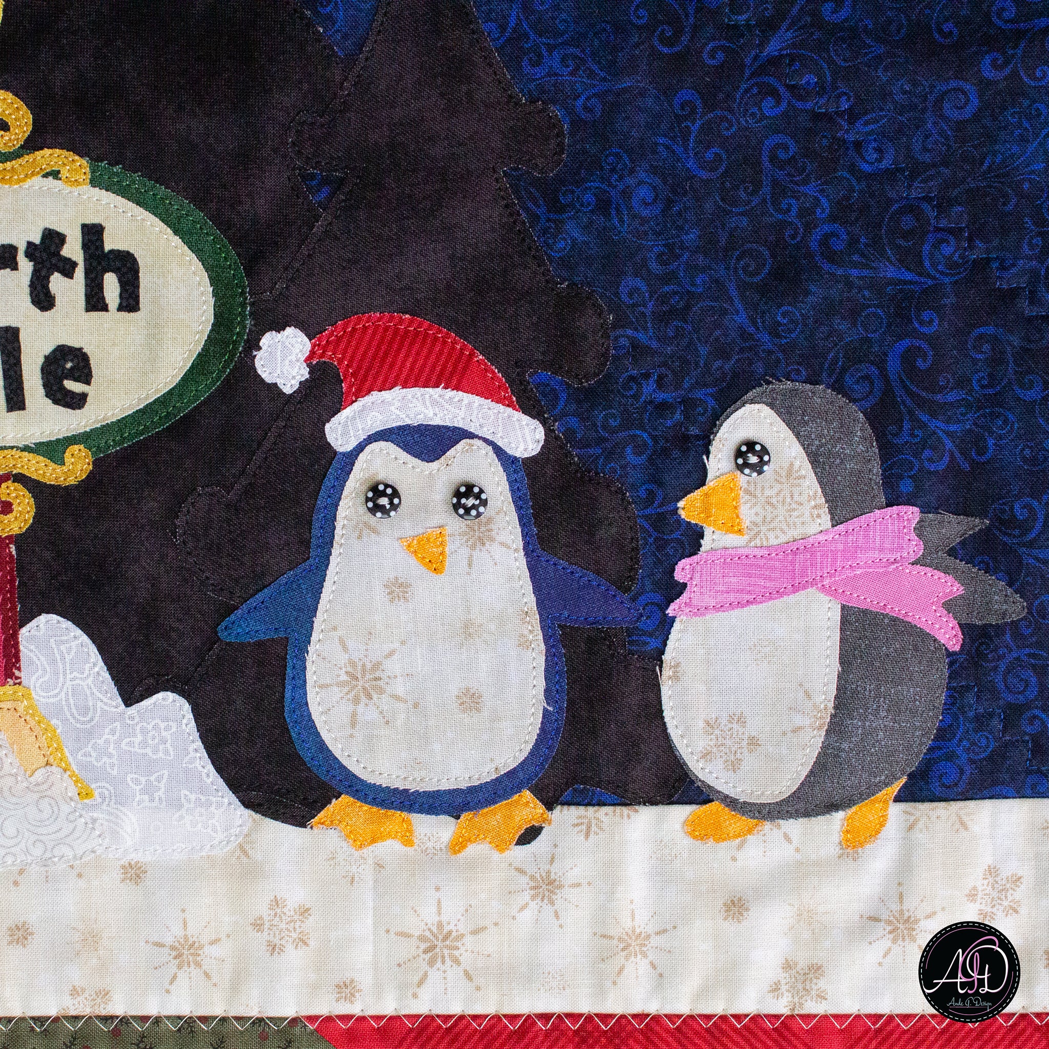 North Pole Penguin Christmas Applique Quilted Table Runner | Christmas Table Decor