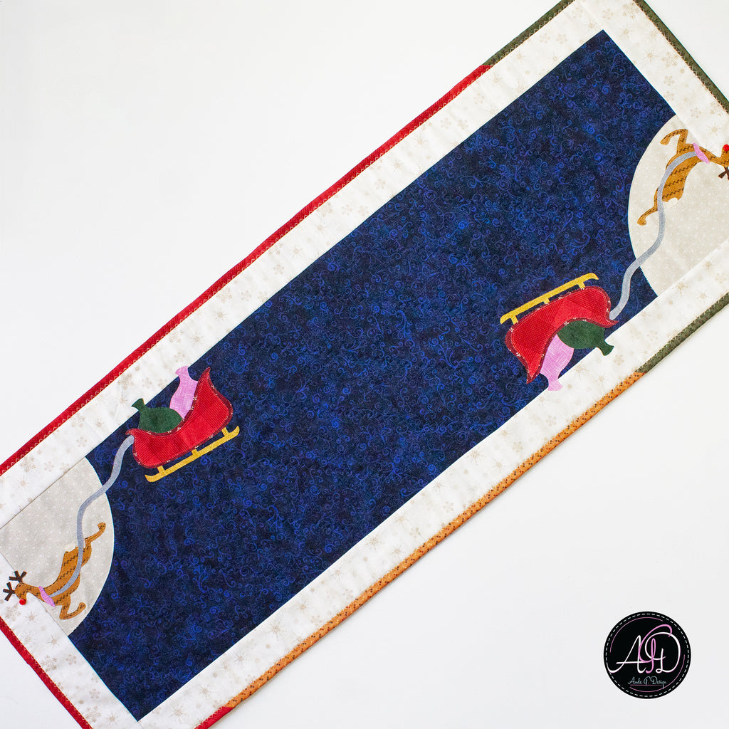 Santa's Sleigh & Reindeer Christmas Applique Quilted Table Runner | Christmas Table Decor