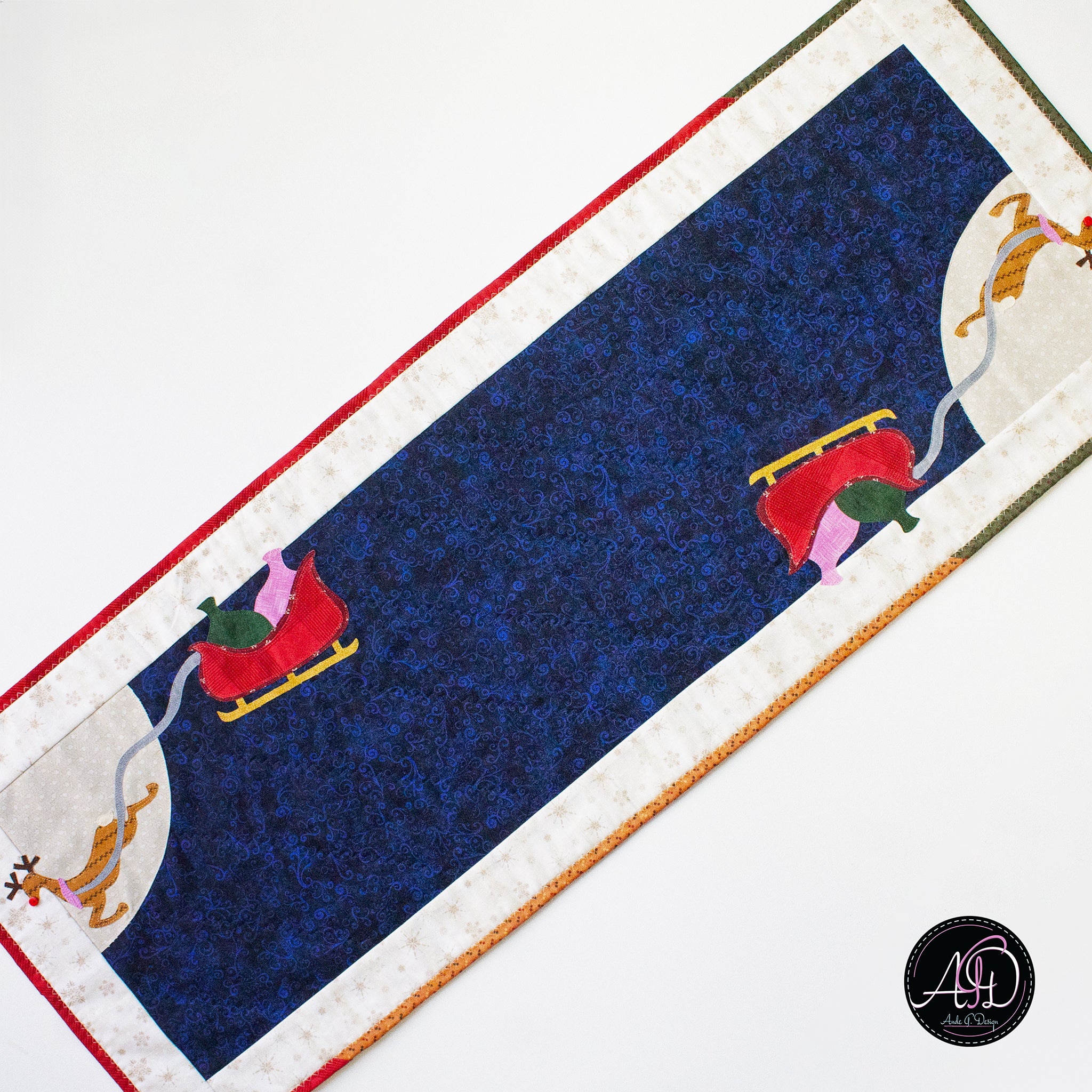 Santa's Sleigh & Reindeer Christmas Applique Quilted Table Runner | Christmas Table Decor