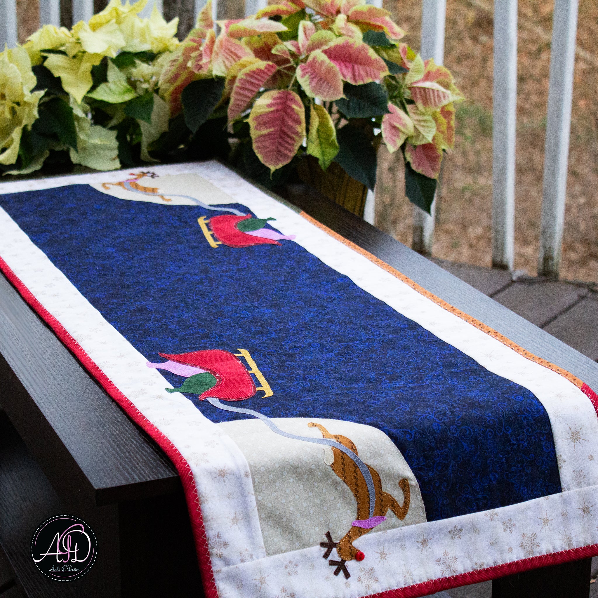 Santa's Sleigh & Reindeer Christmas Applique Quilted Table Runner | Christmas Table Decor