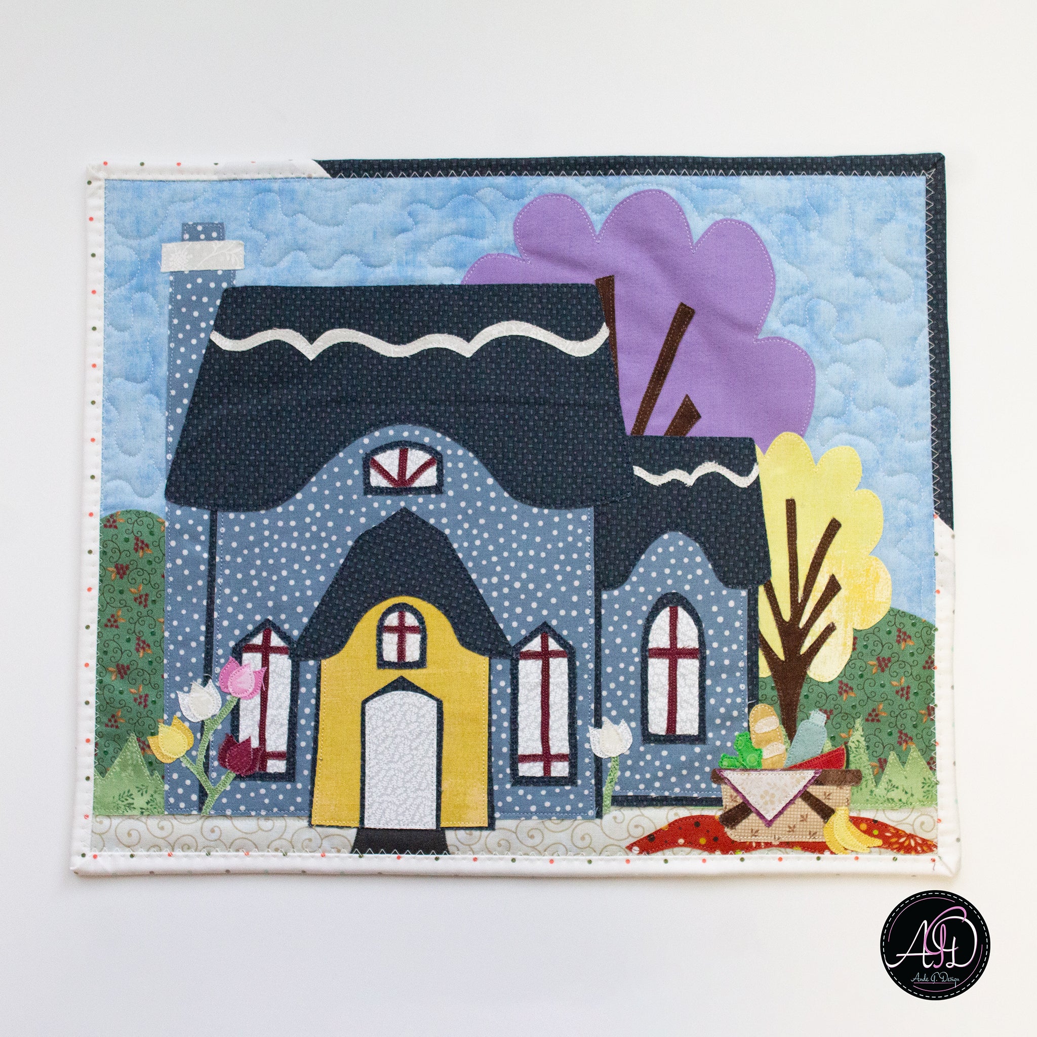 Blue Picnic House Spring Quilted Wall Hanging | Applique Wall Hanging
