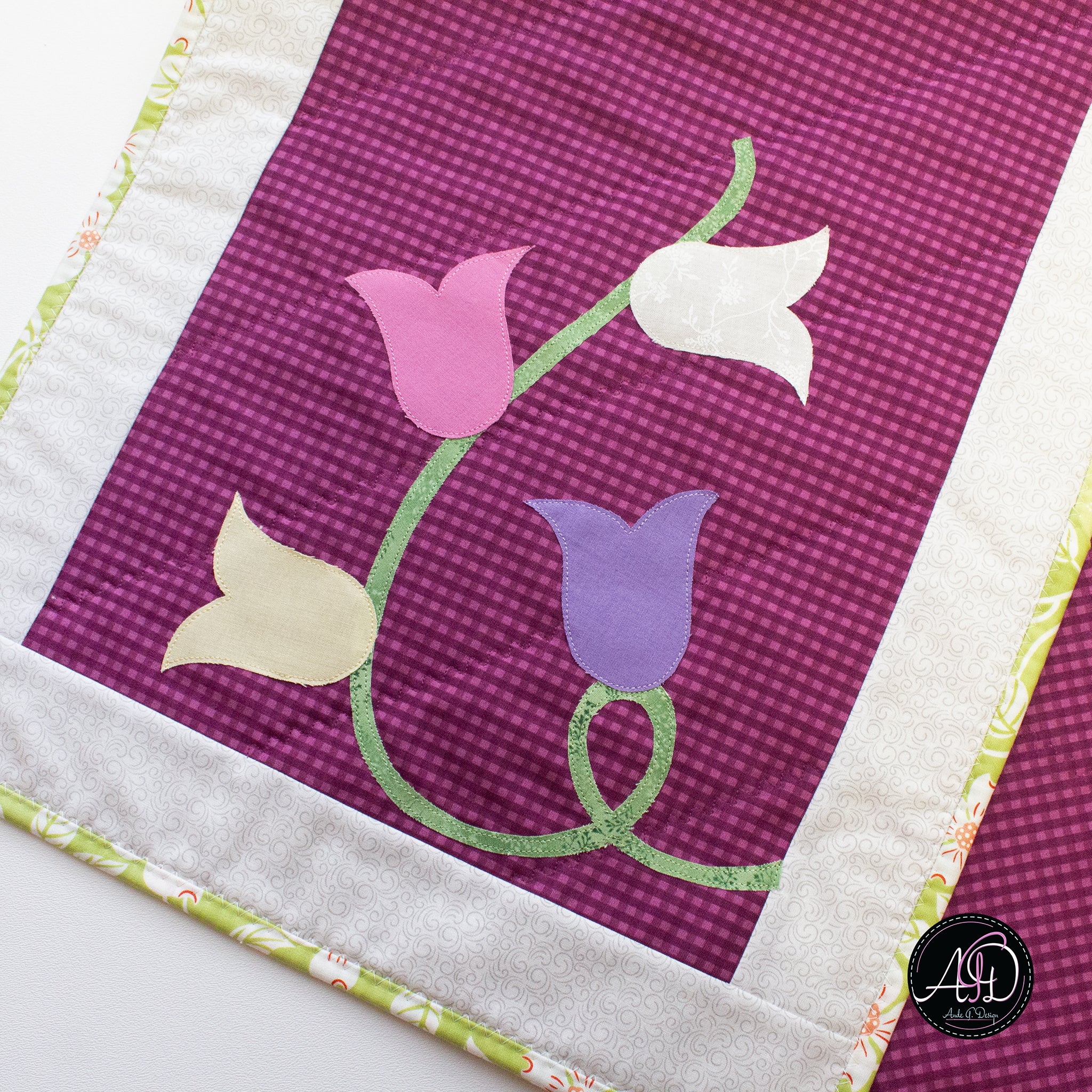 Purple Tulip Spring Quilted Applique Table Runner