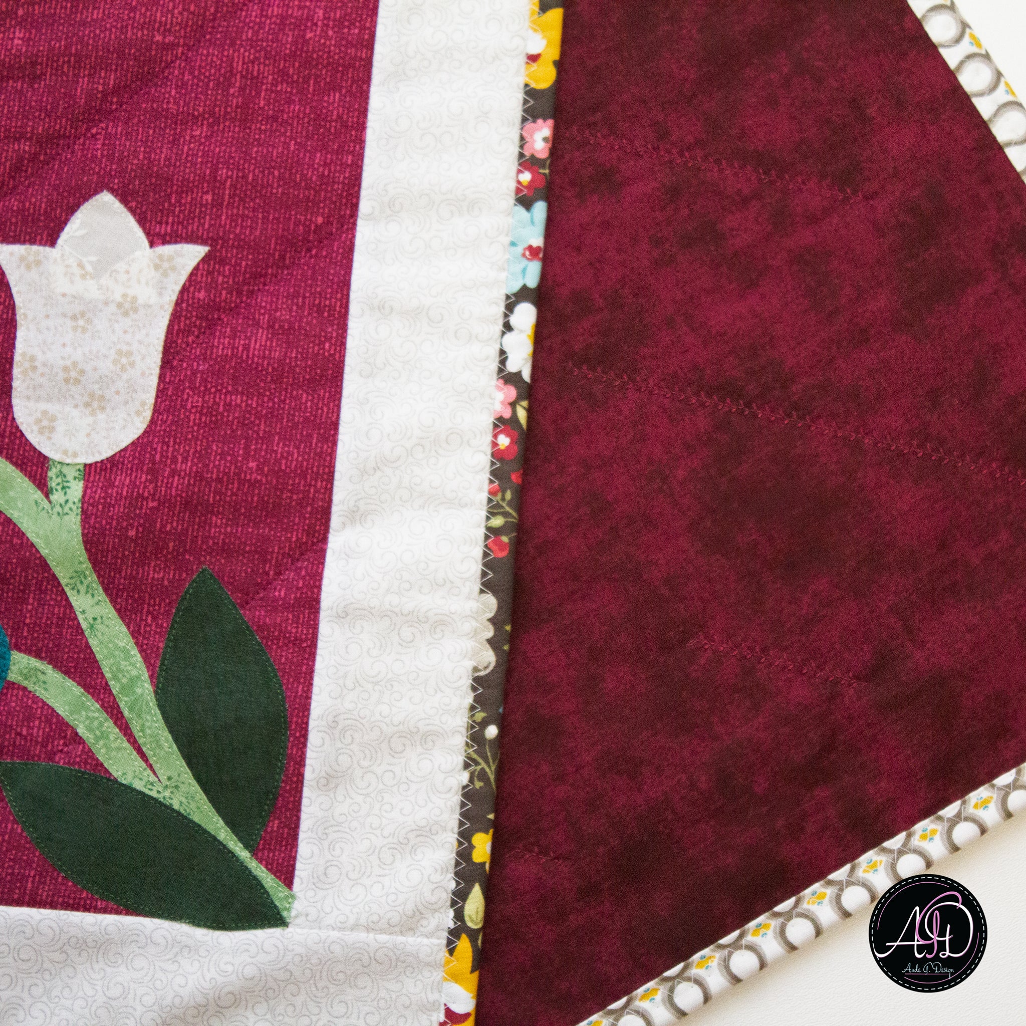 Red Floral Spring Applique Quilted Table Runner