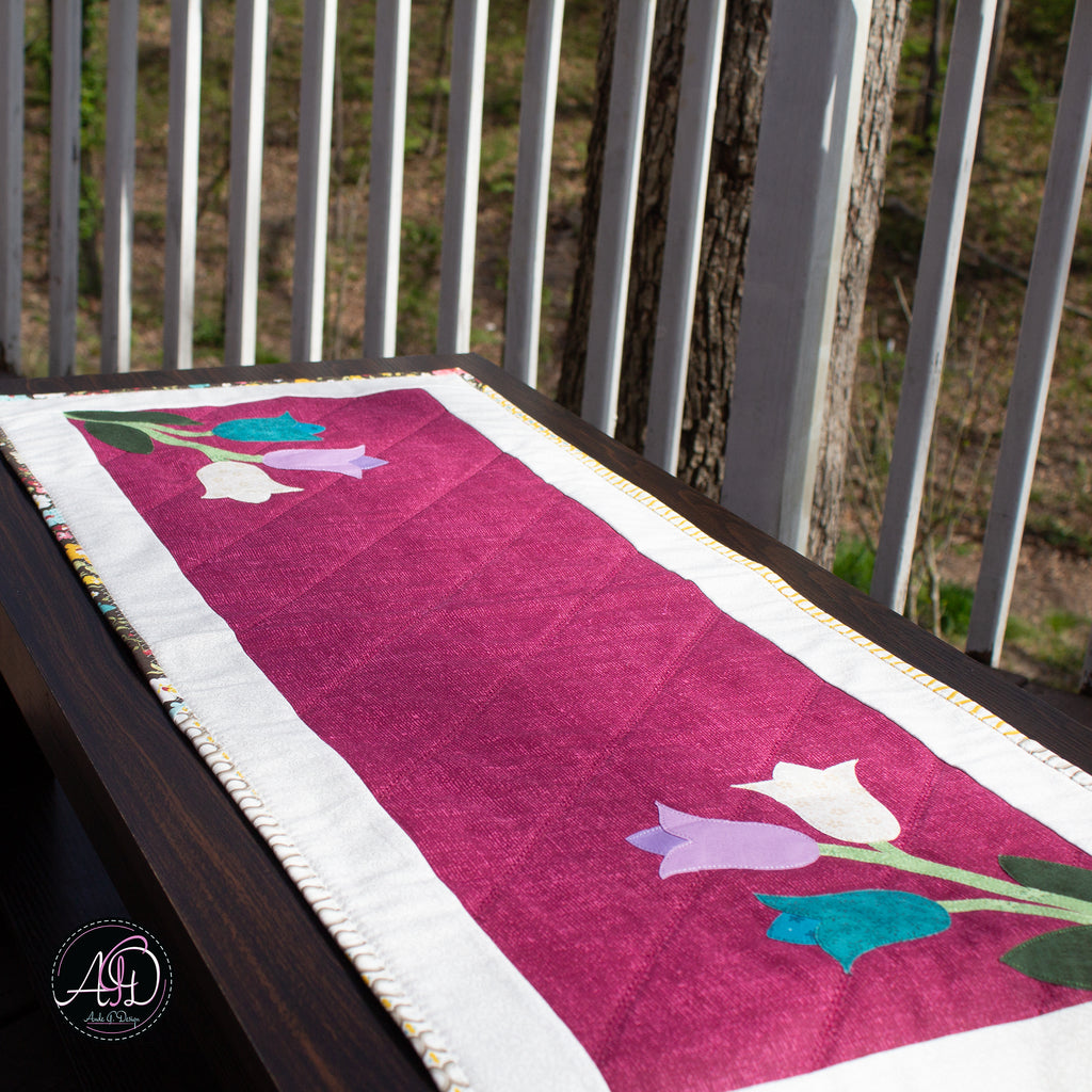 Red Floral Spring Applique Quilted Table Runner