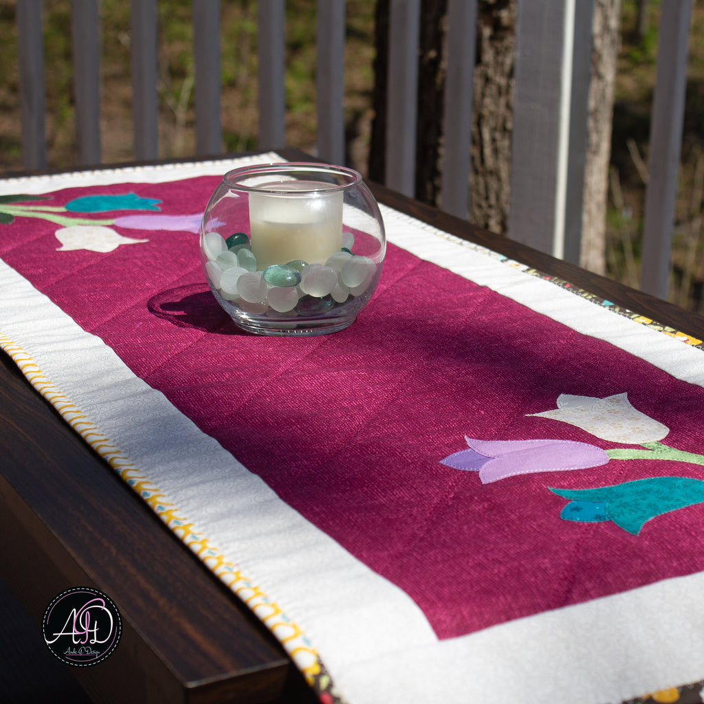Red Floral Spring Applique Quilted Table Runner