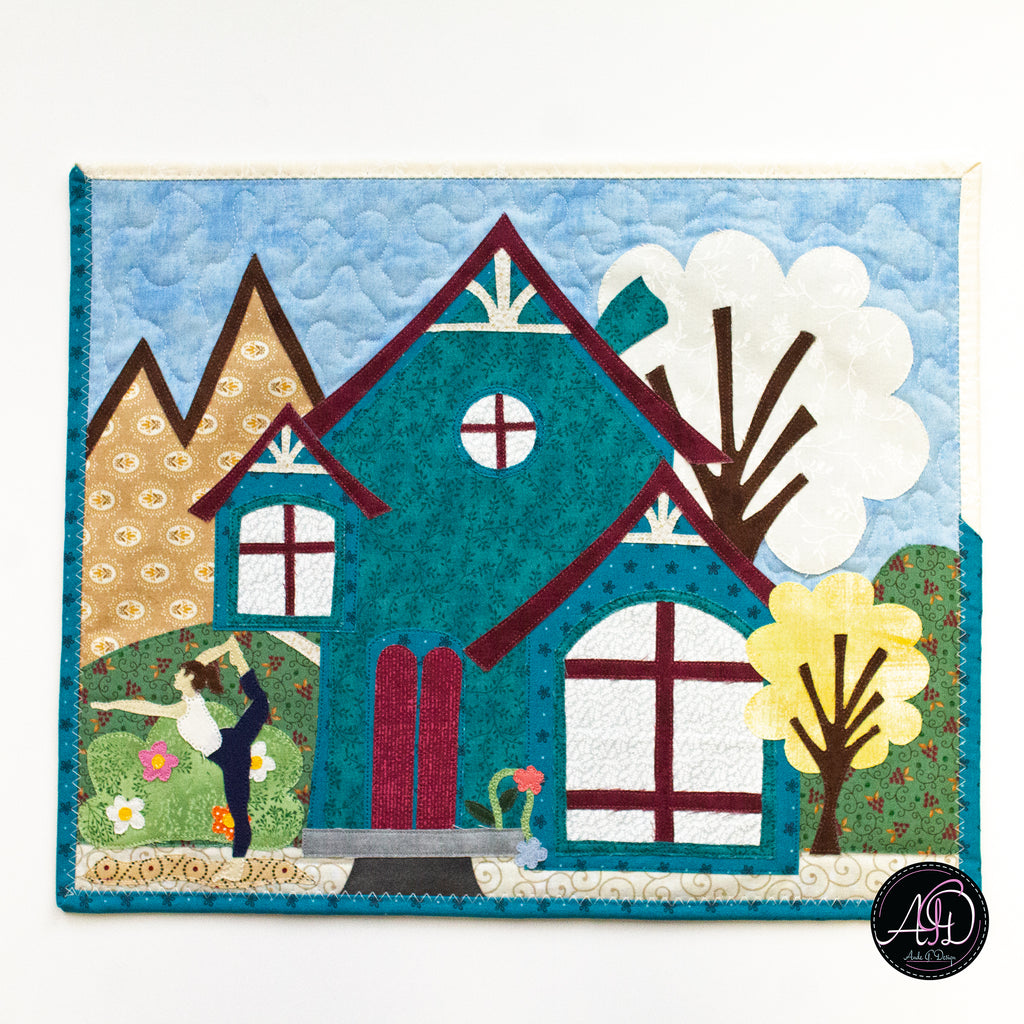 Teal Yoga House Spring Quilted Wall Hanging | Applique Wall Hanging