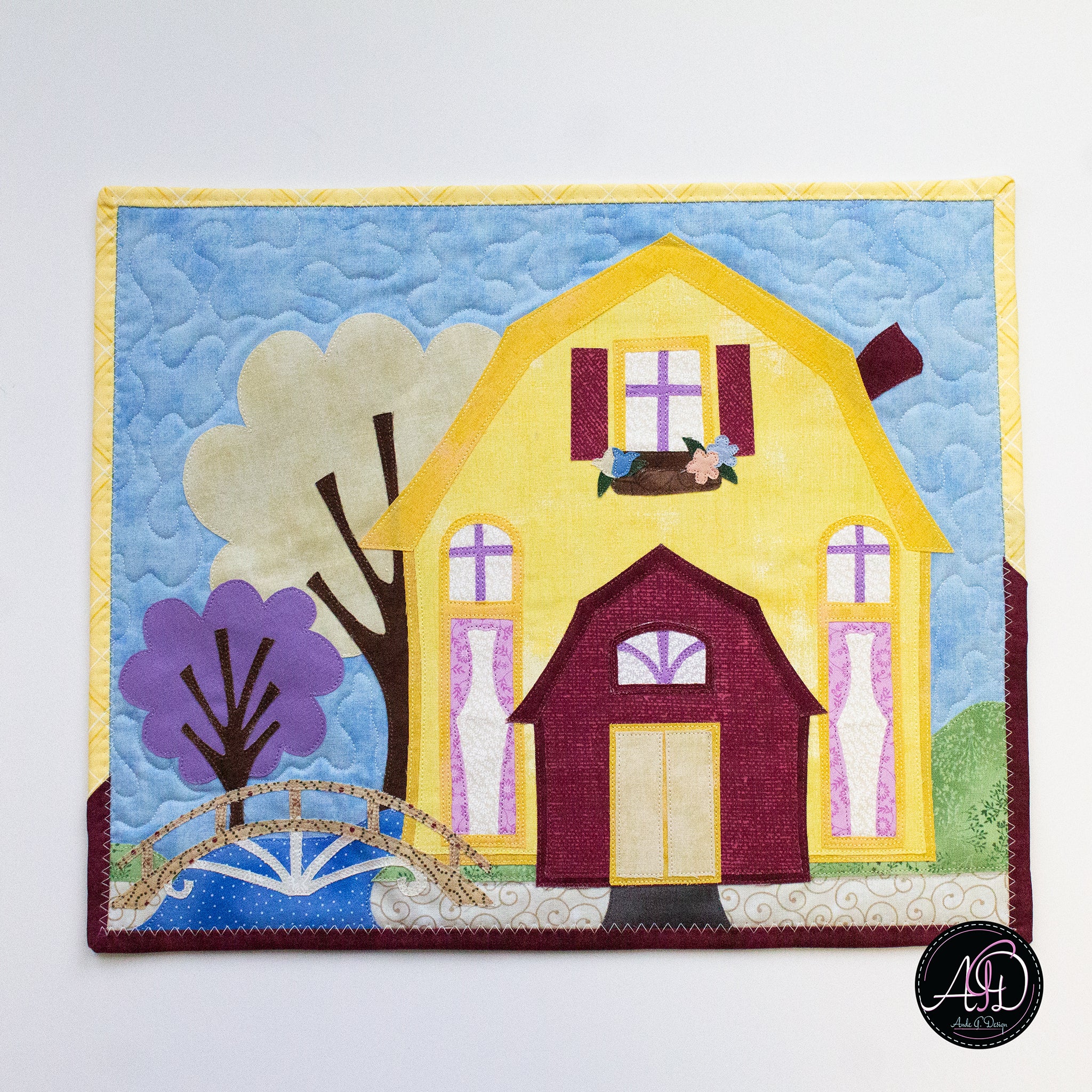 Yellow Barn House Spring Quilted Wall Hanging | Applique Wall Hanging