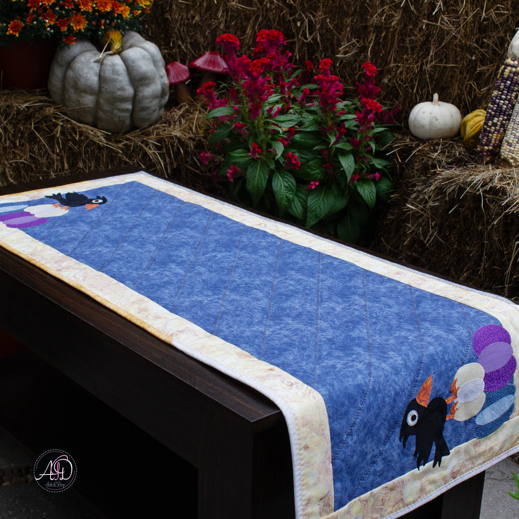 Autumn Crow and Pumpkin Quilted Applique Table Runner