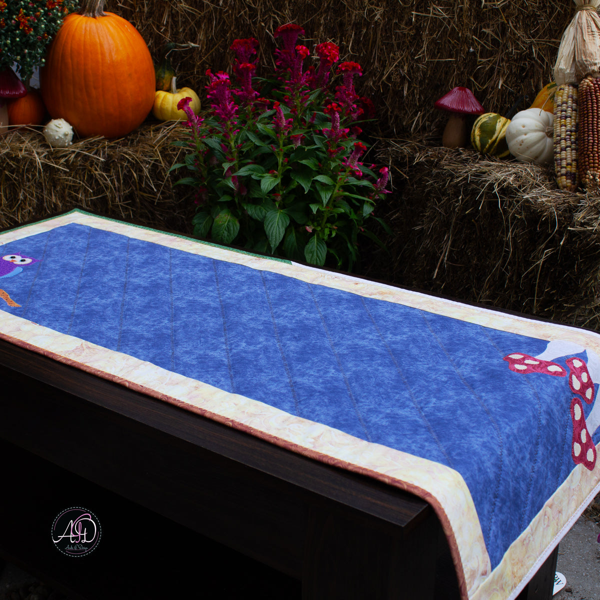 Autumn Mushroom and Owl Quilted Applique Table Runner