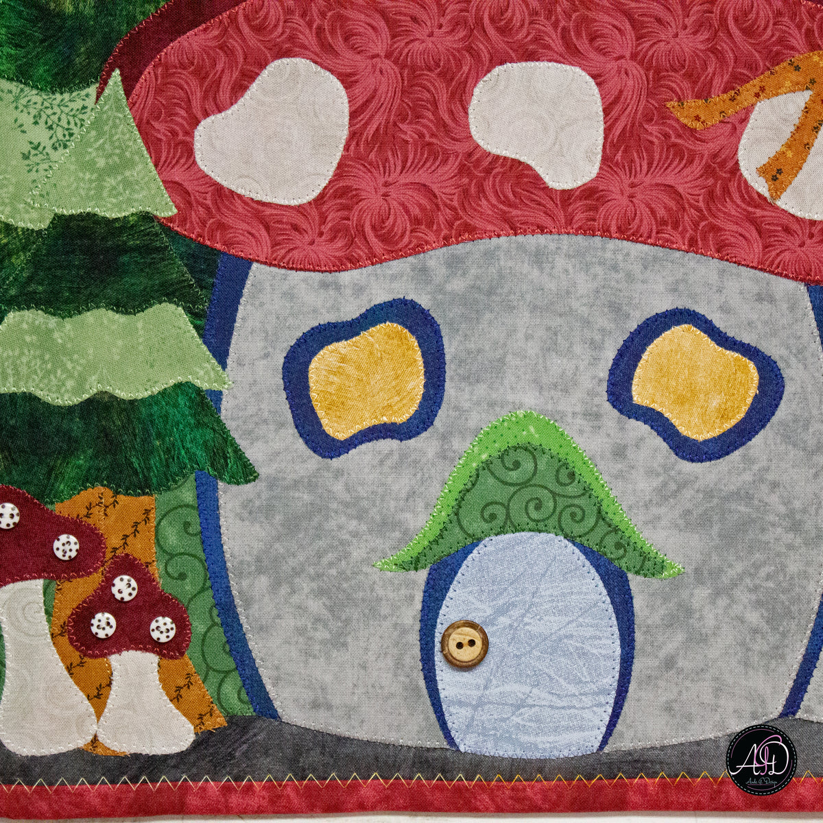 Autumn Mushroom Cottage Quilted Applique Wall Hanging