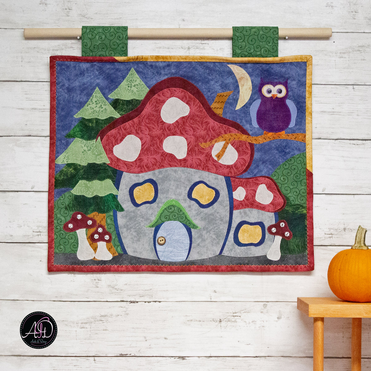 Autumn Mushroom Cottage Quilted Applique Wall Hanging