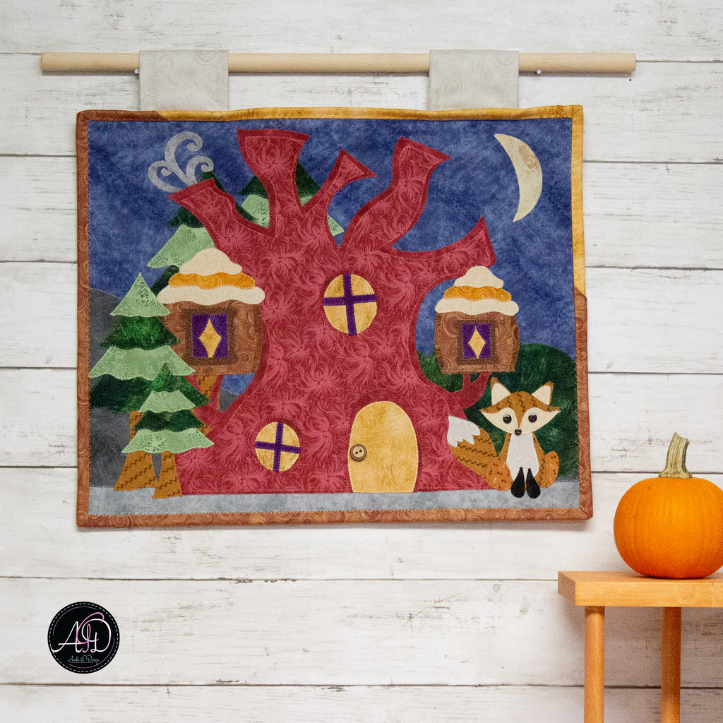 Autumn Treehouse Cottage Quilted Applique Wall Hanging