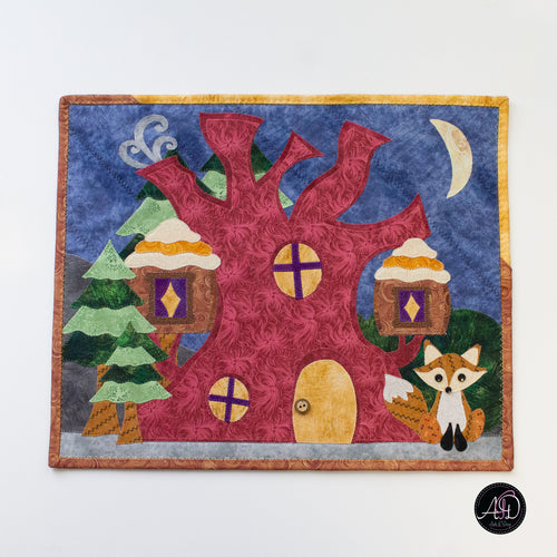 Autumn Treehouse Cottage Quilted Applique Wall Hanging