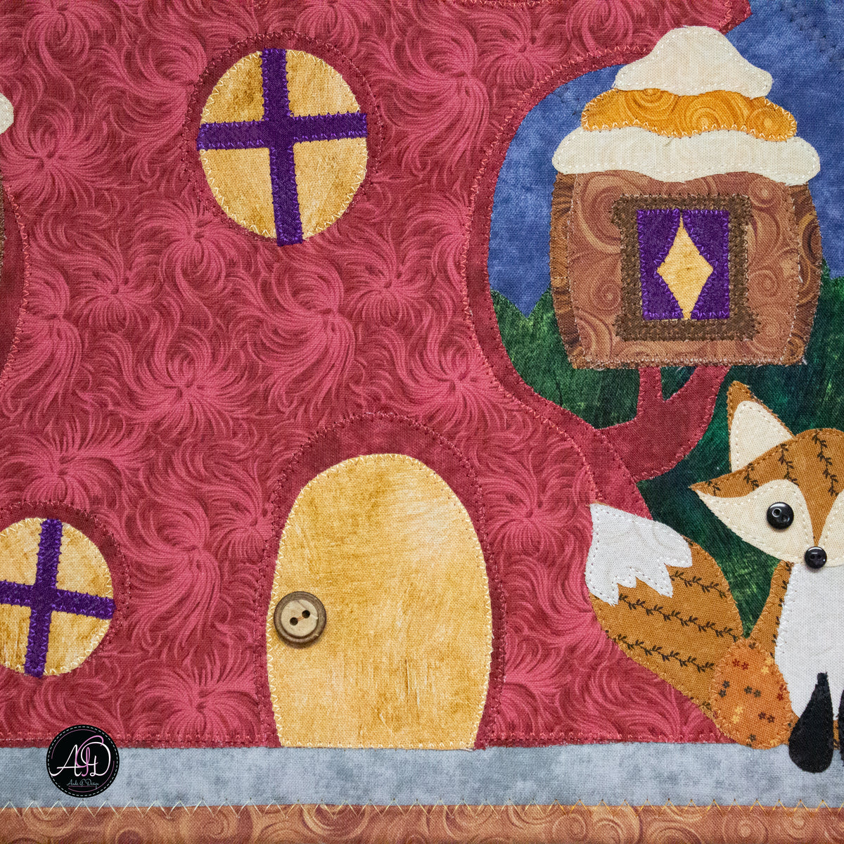 Autumn Treehouse Cottage Quilted Applique Wall Hanging