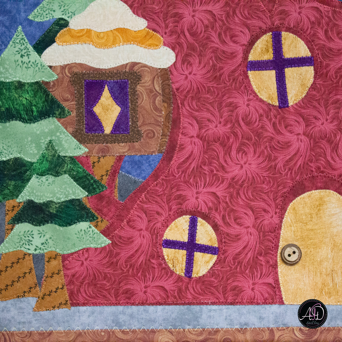 Autumn Treehouse Cottage Quilted Applique Wall Hanging